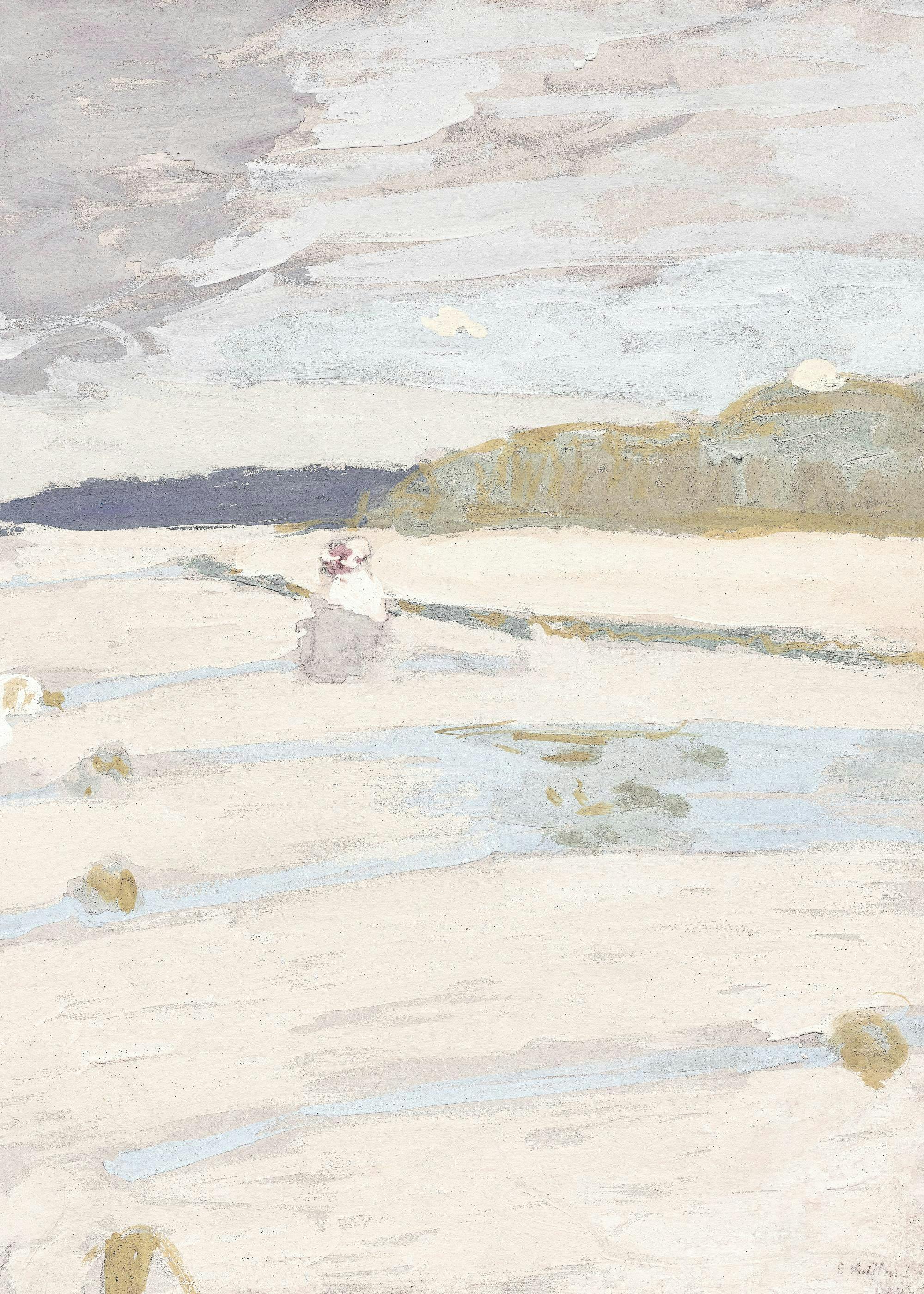 Dipinto di Édouard Vuillard, spiaggia beige e blu con cielo nuvoloso, arte costiera.