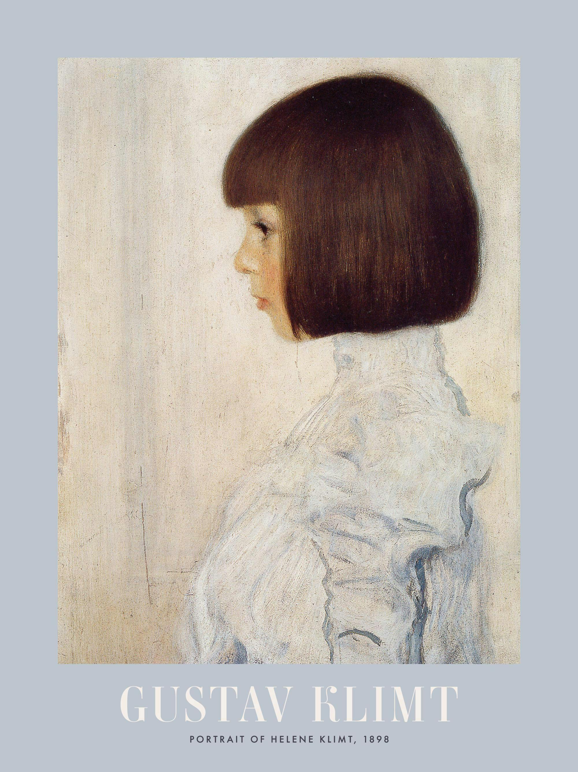 Gustav Klimt-målning: flickporträtt i profil, brunt hår, krusig vit blus mot en beige bakgrund, konsttryck.