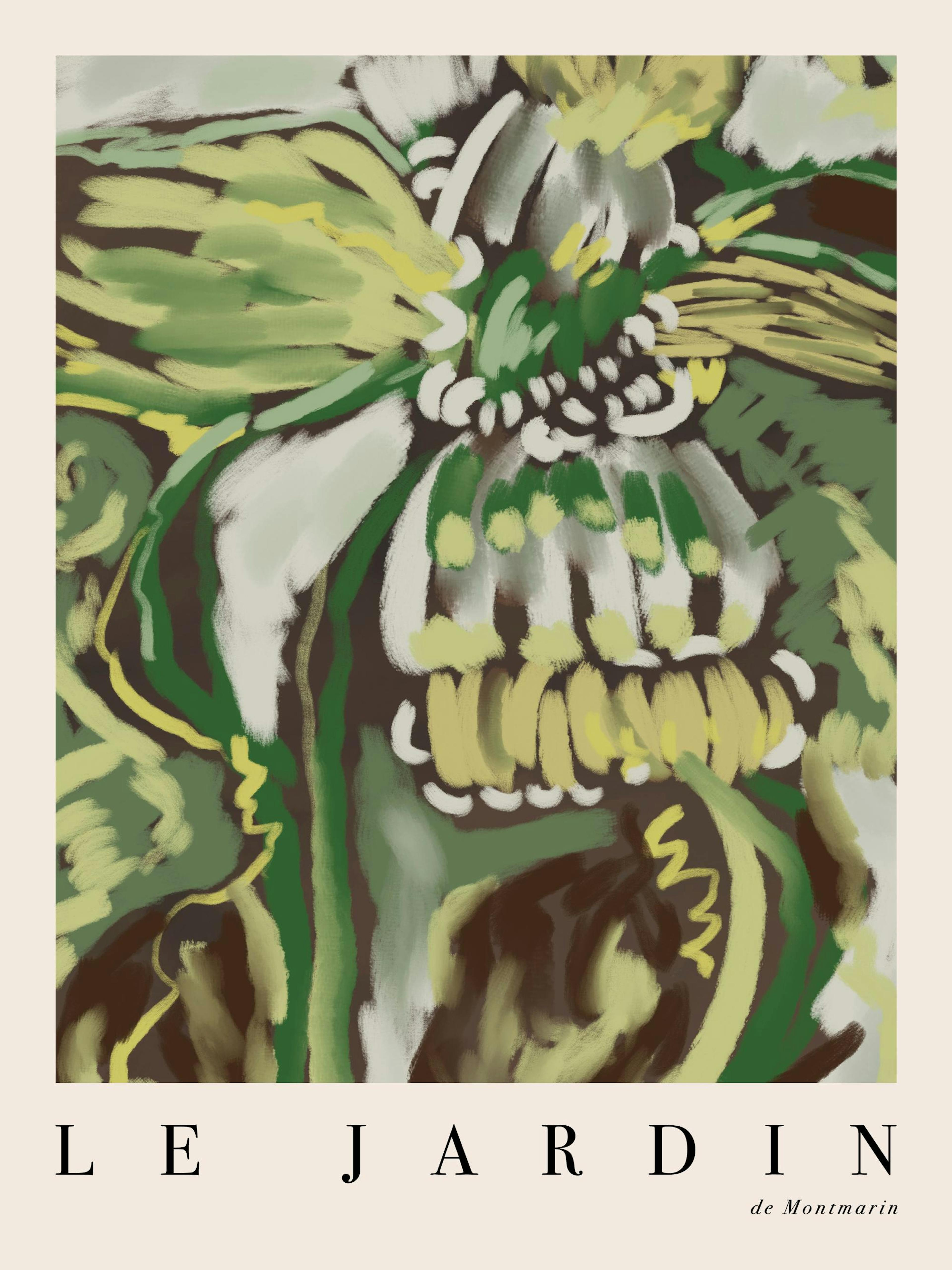 Le Jardin No9 Poster mit Pinselstrichen in Grüntönen und Braun, abstrakte florale Illustration, Natur-Kunst