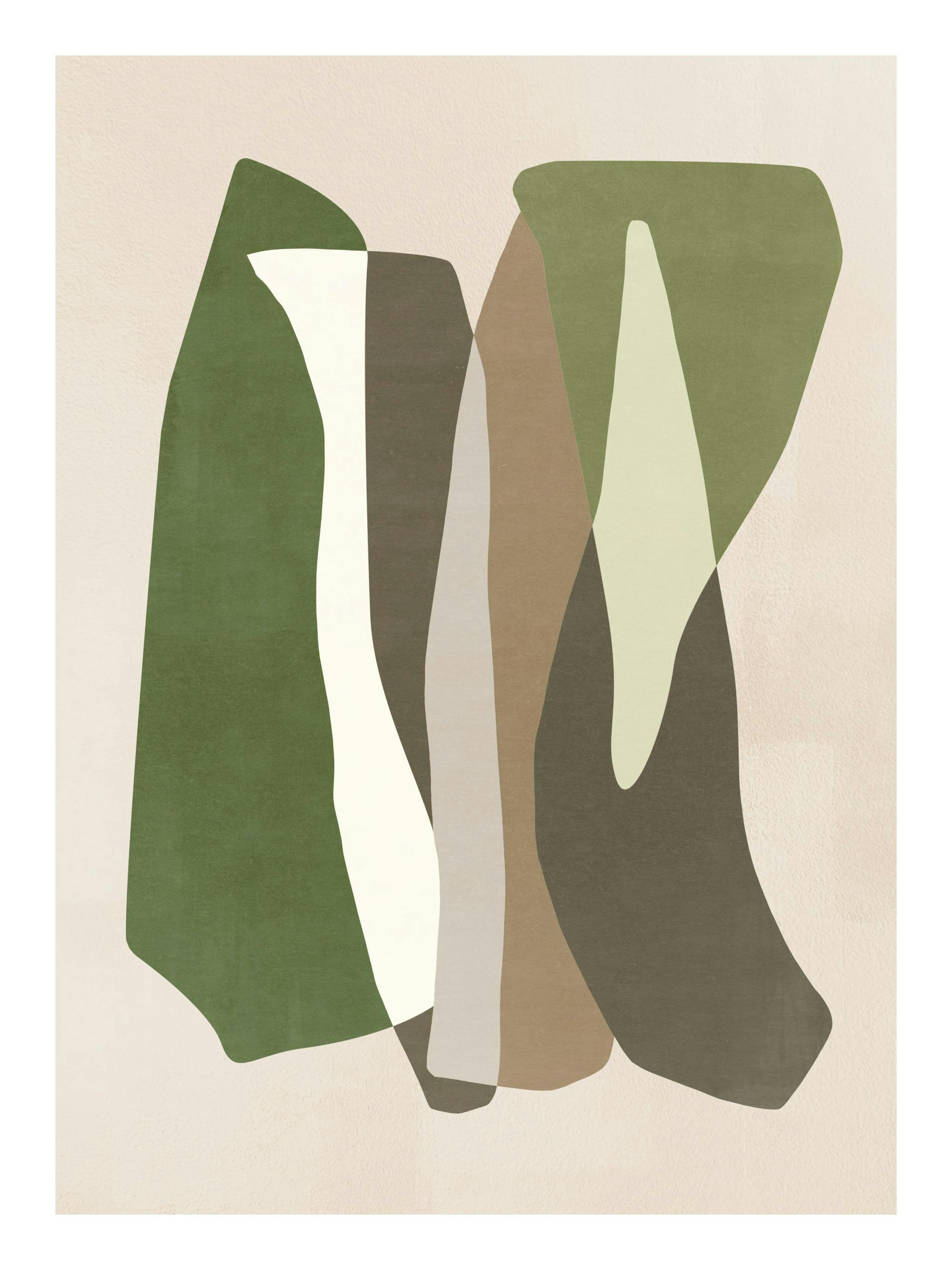 Affiche formes graphiques en vert, blanc, gris et marron sur fond beige. Typographie abstraite aux tons neutres.