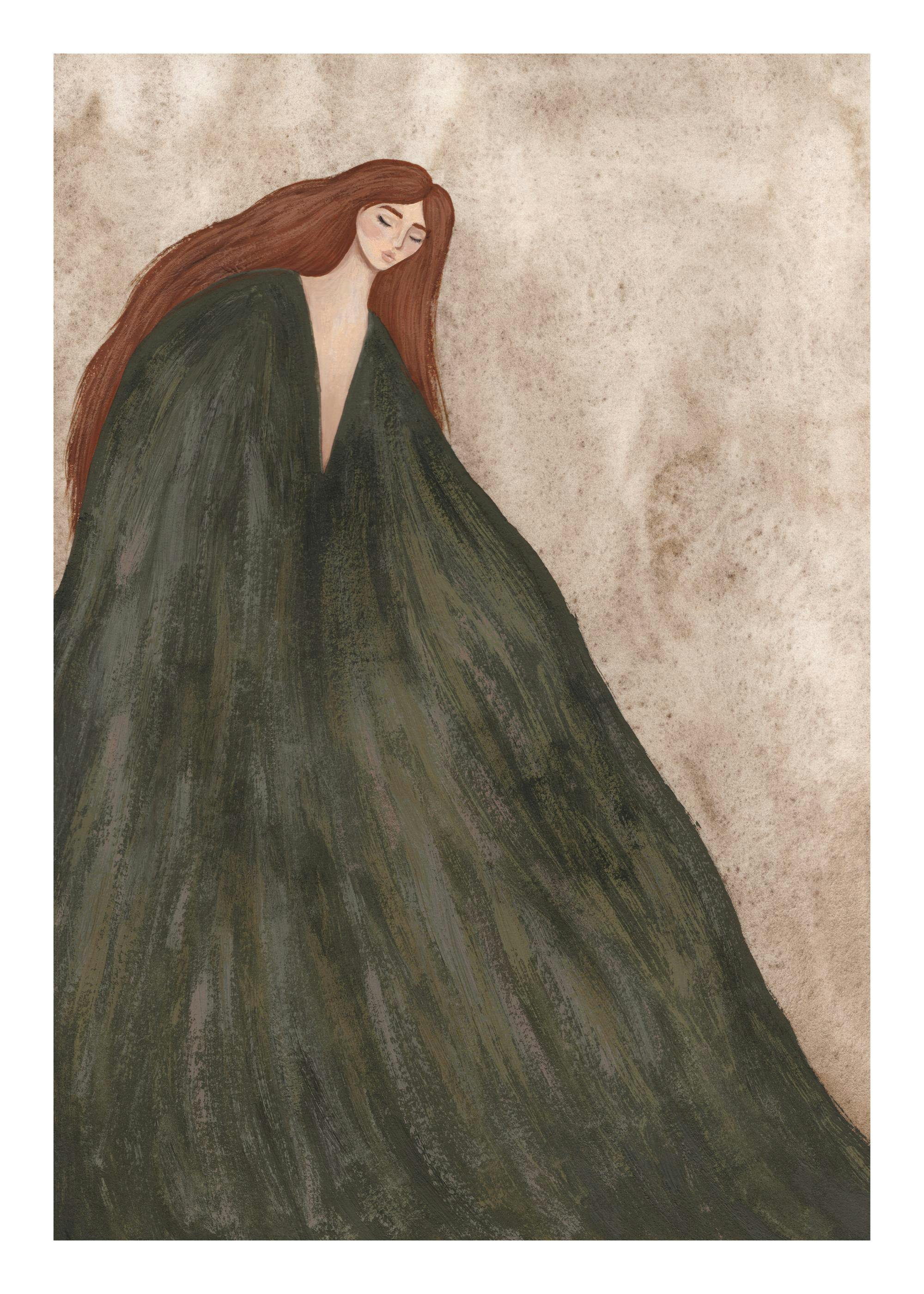 Illustratie van een dame met lang rood haar en een groene jurk, staand voor een beige muur, kunstposter