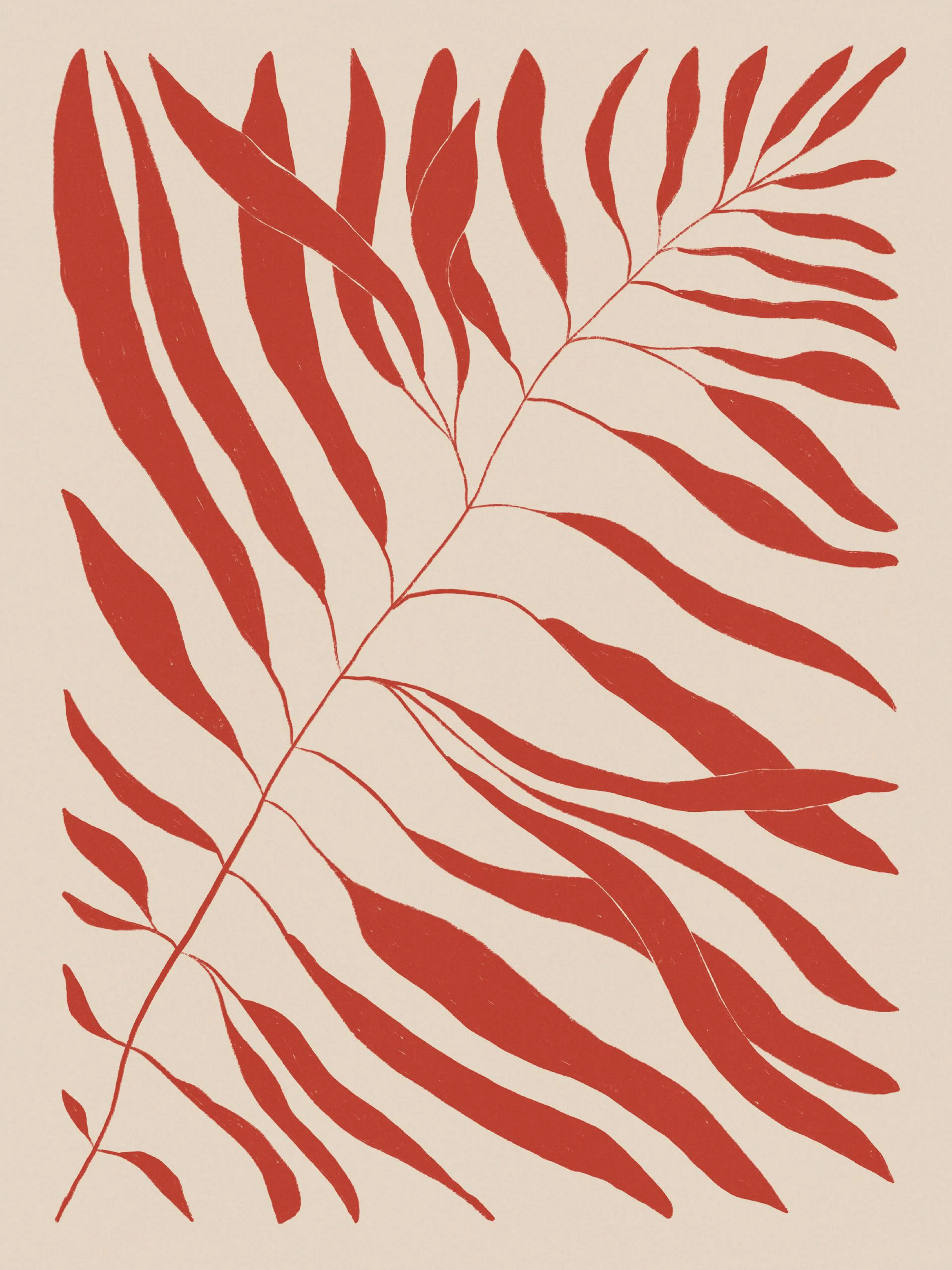 Affiche dune branche rouge avec de longues feuilles fines sur fond beige, typographie naturelle