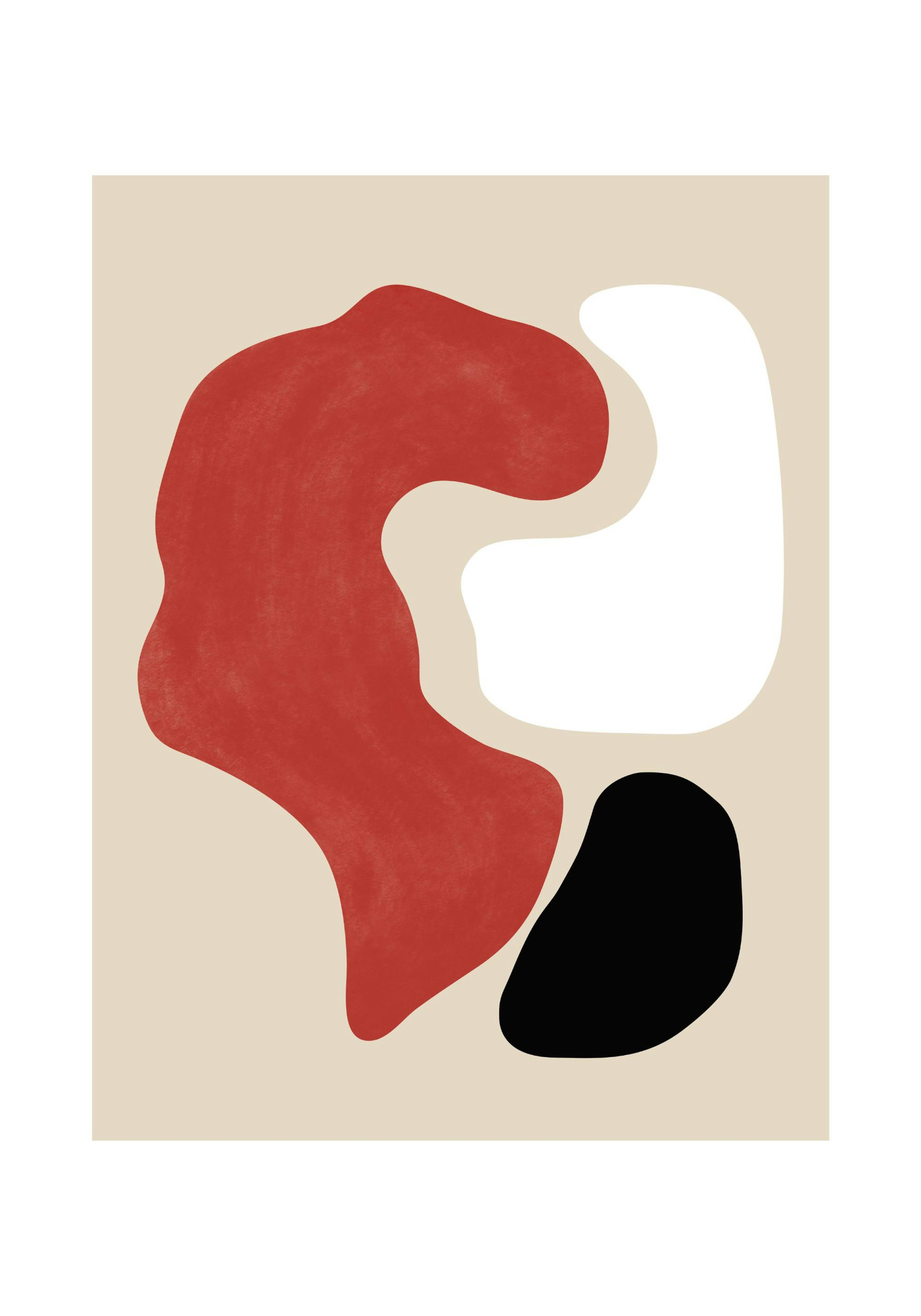 Curvy graphic shapes print in red, white, and black on a beige background poster