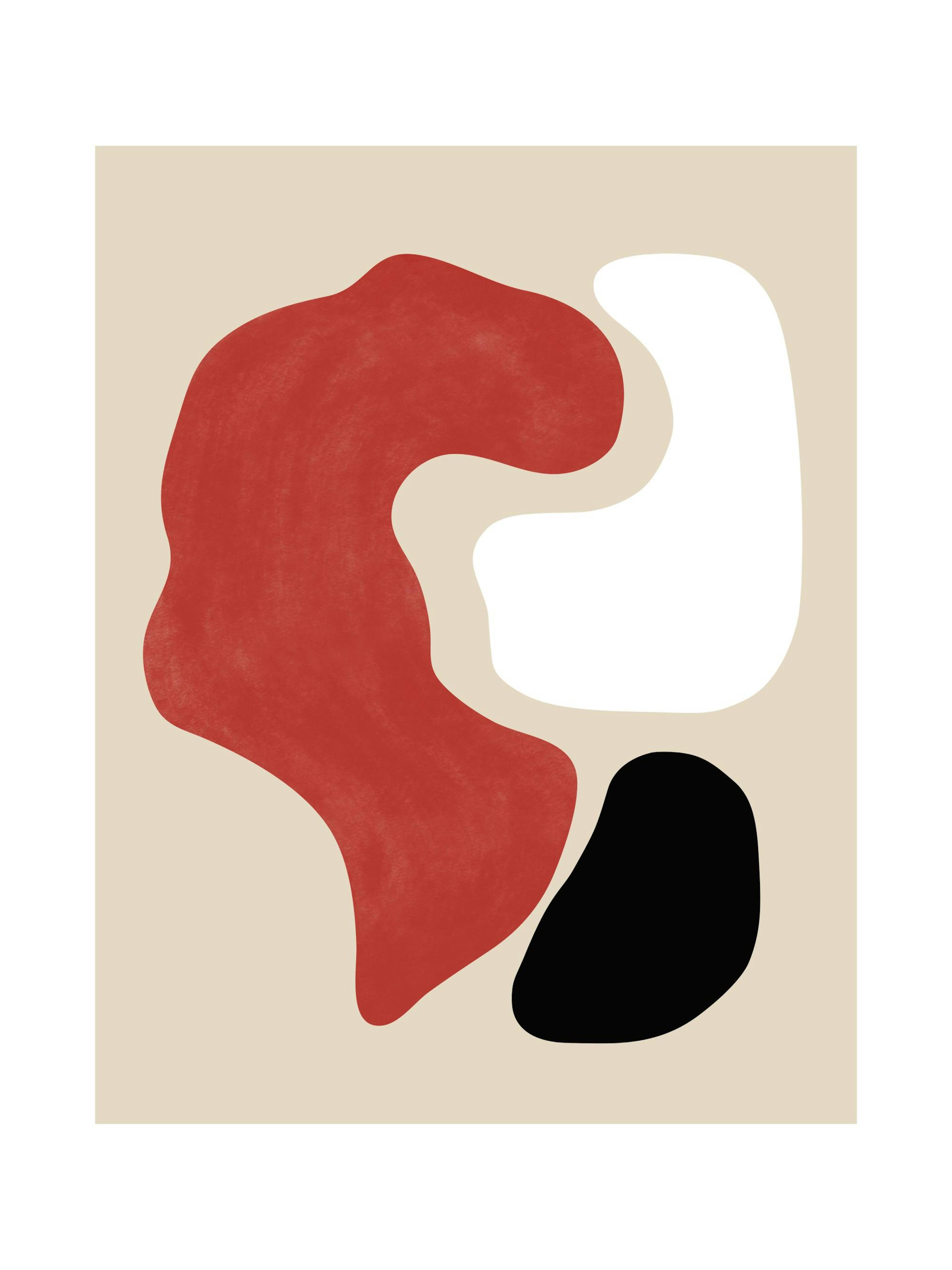 Abstract print with red, white, and black organic shapes on a beige background, leaning against a green bench on a white shag ru