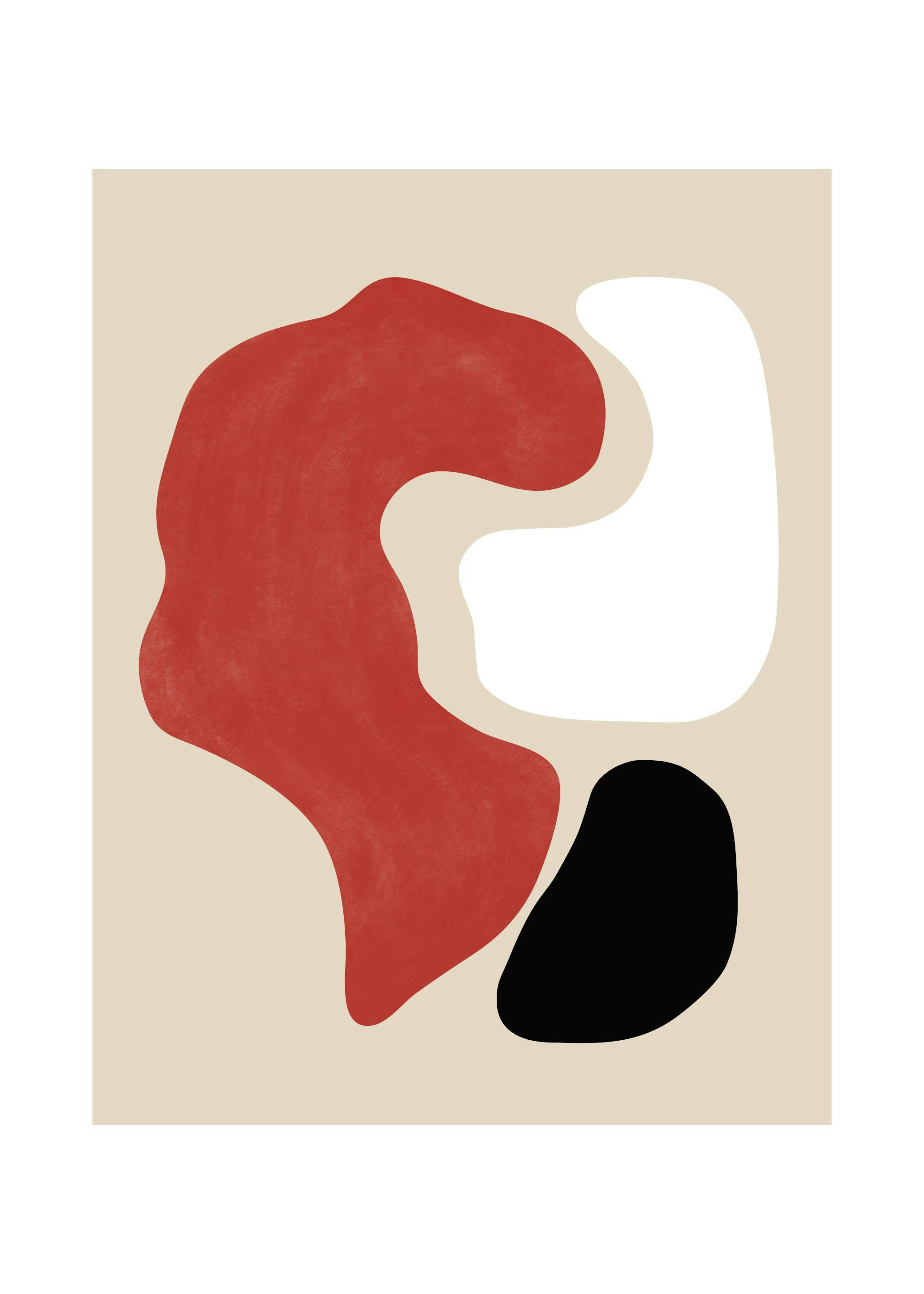 A print with red, white, and black organic shapes on a beige background, displayed on a white shag rug next to a green sofa.