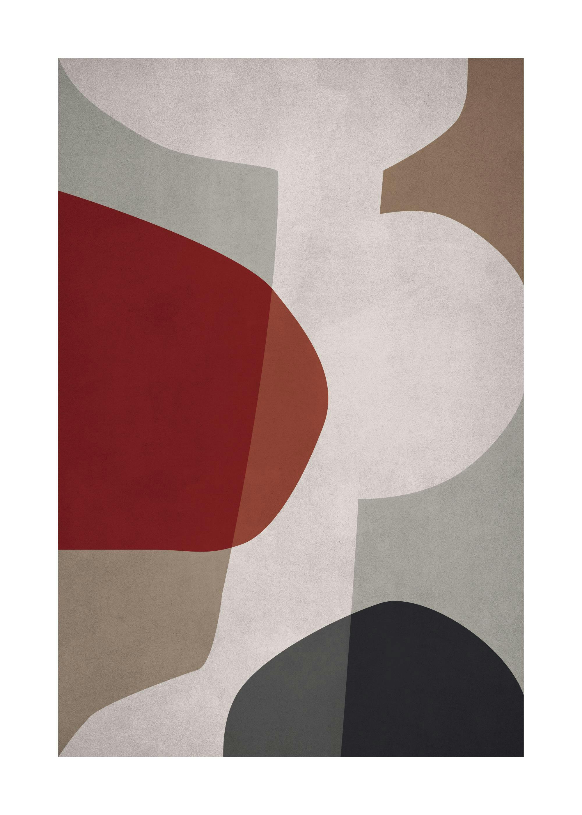 Graphic poster of abstract shapes in red, blue, white, brown, and grey with a modern trendy look.