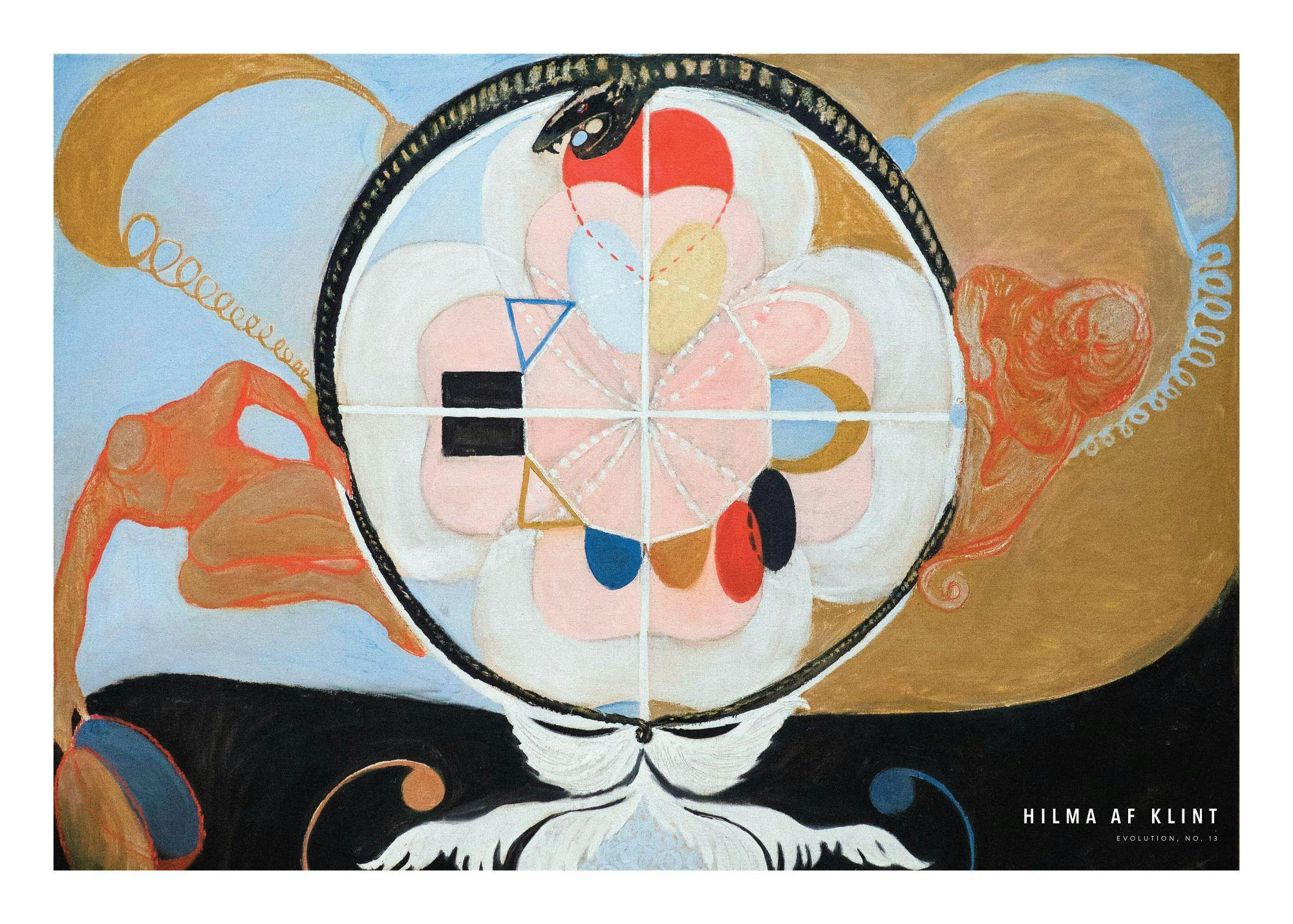 Affiche Evolution No.13 de Hilma af Klint, art abstrait avec typographie et formes colorées, teintes pastel