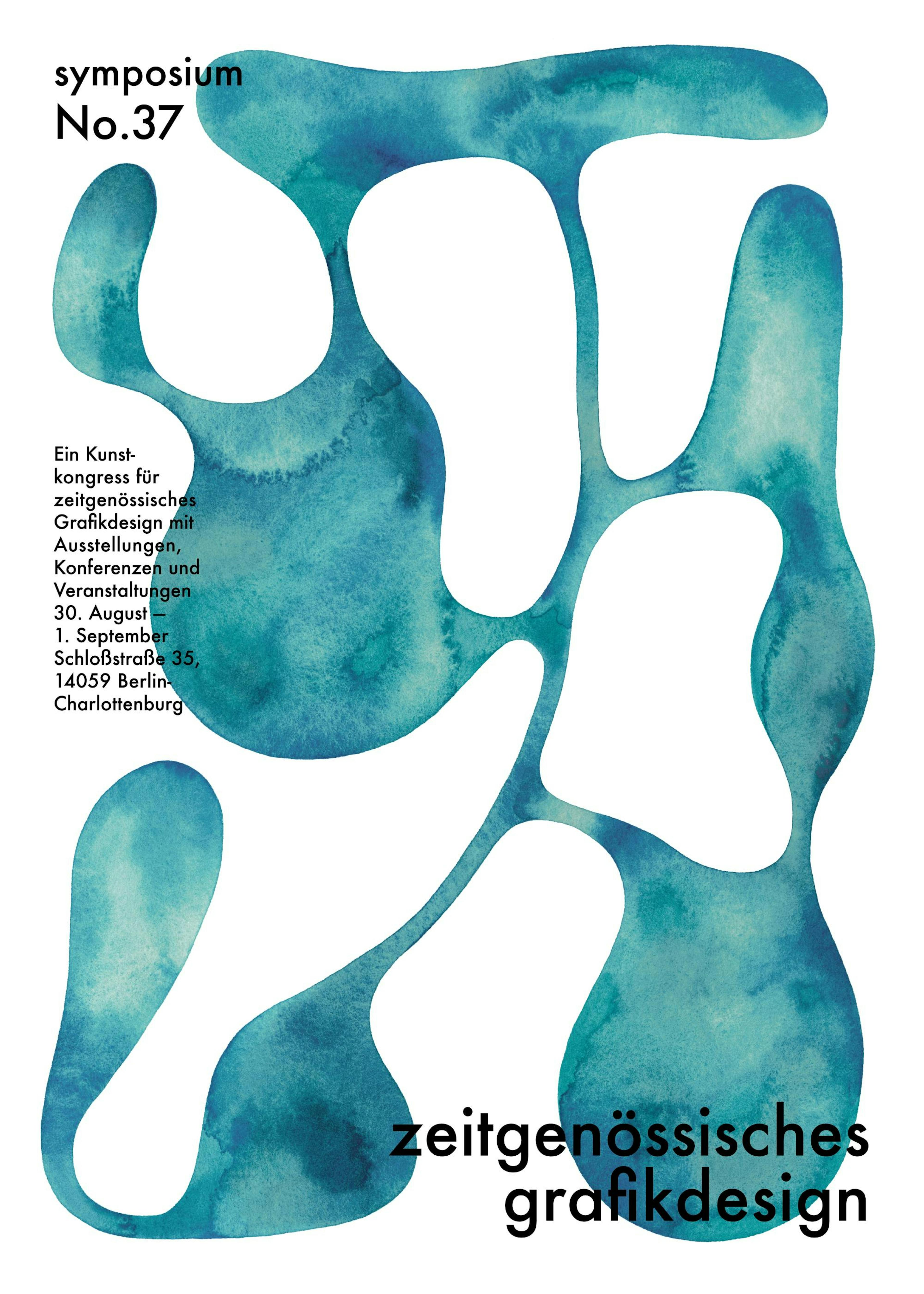 Turquoise curvy shapes with a white background and black text on a poster print.