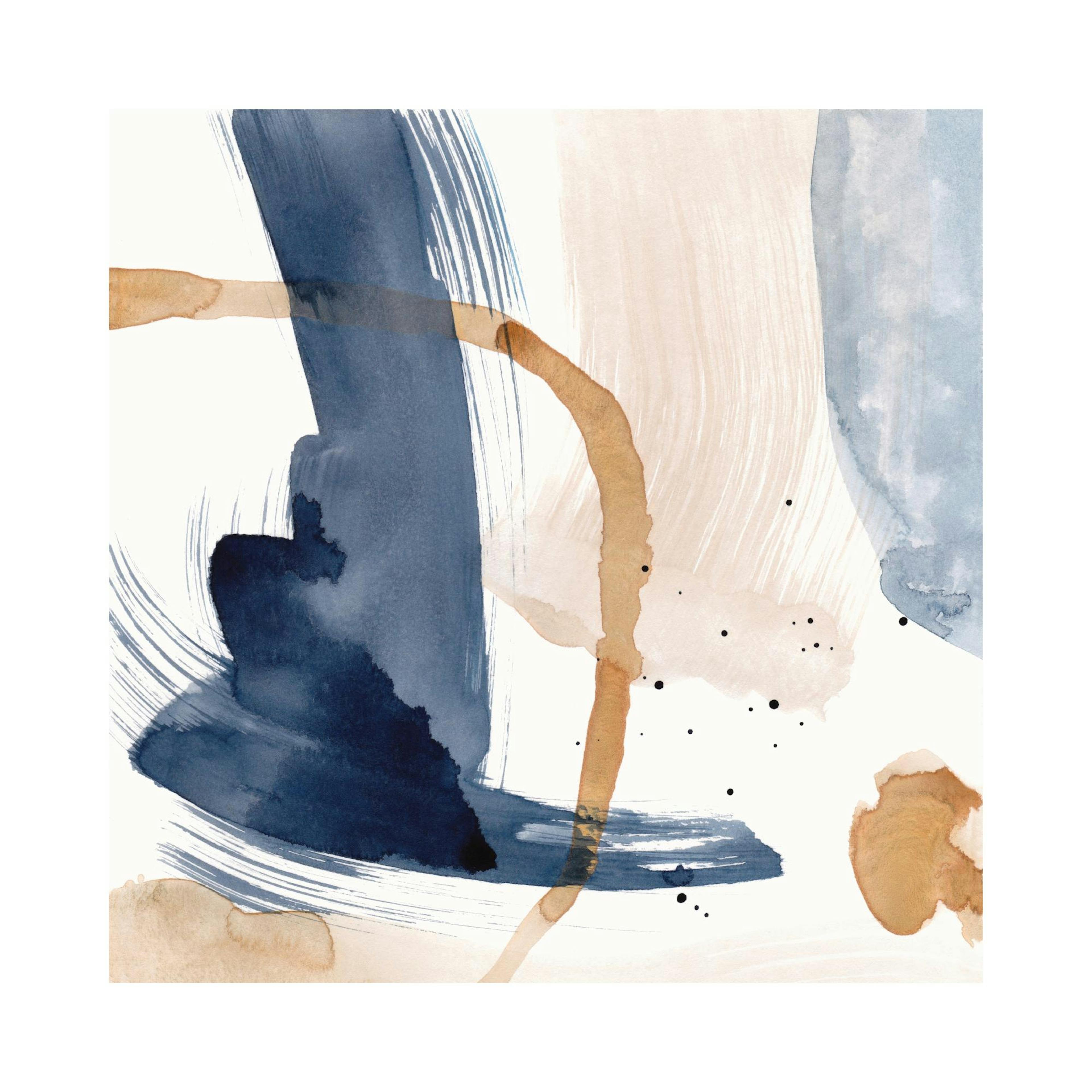 Abstract art print with broad blue and beige brushstrokes on white background, featuring dynamic lines and splatters.