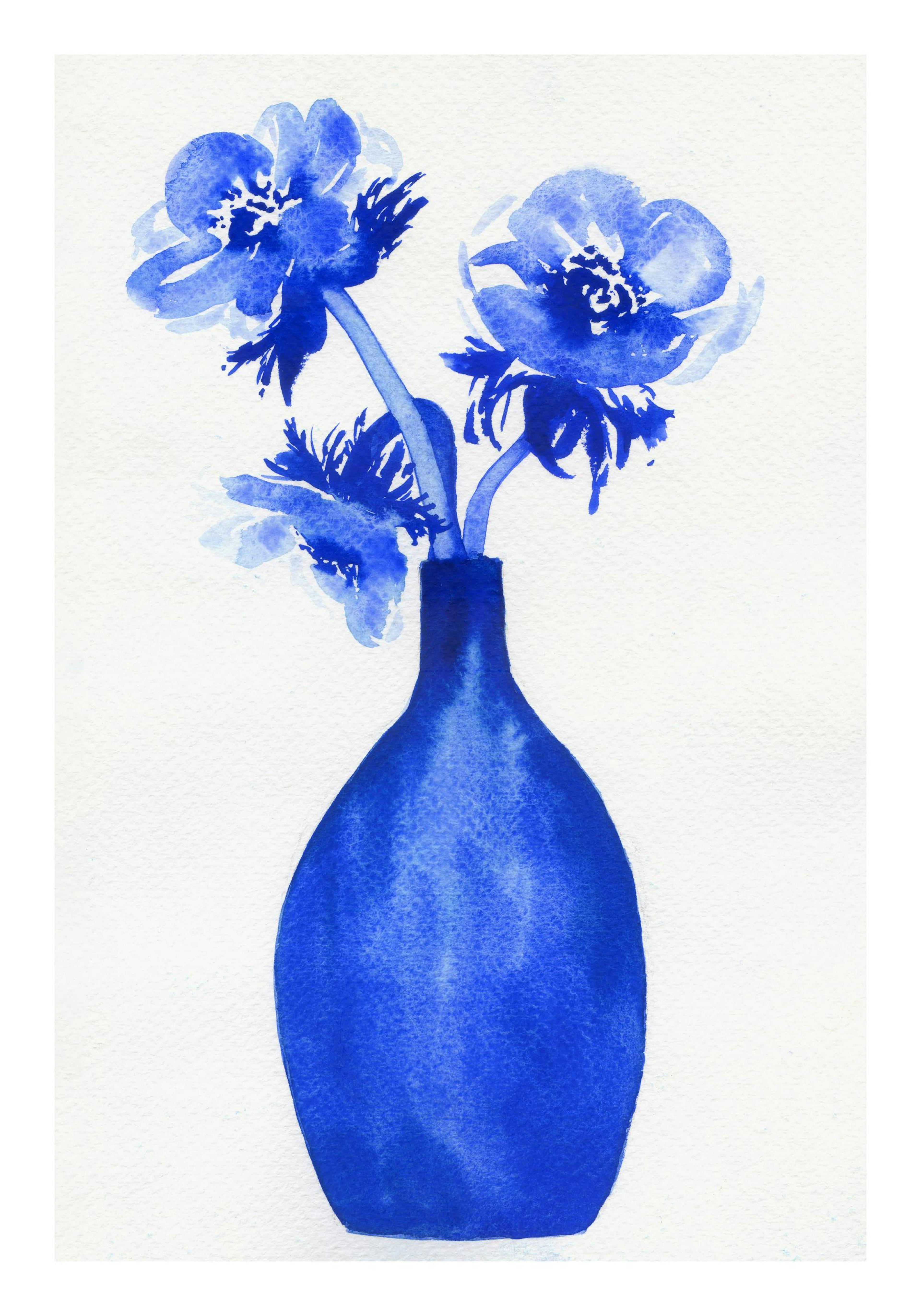 Blue flowers in a blue vase, a watercolor print poster by Andrea Kosar.