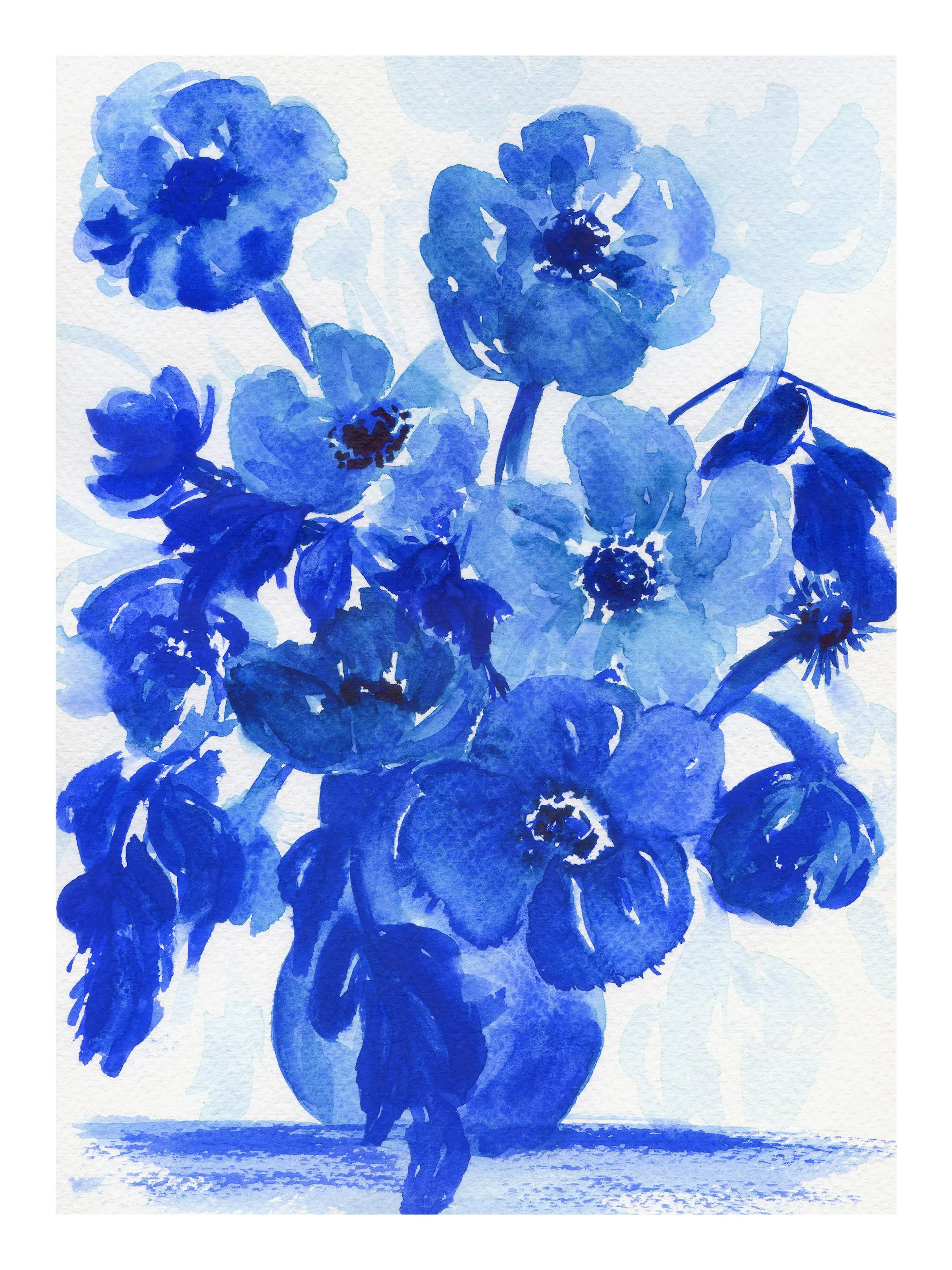 Blue still life art print of a blue vase with blue watercolor flowers, by artist Andrea Kosar.