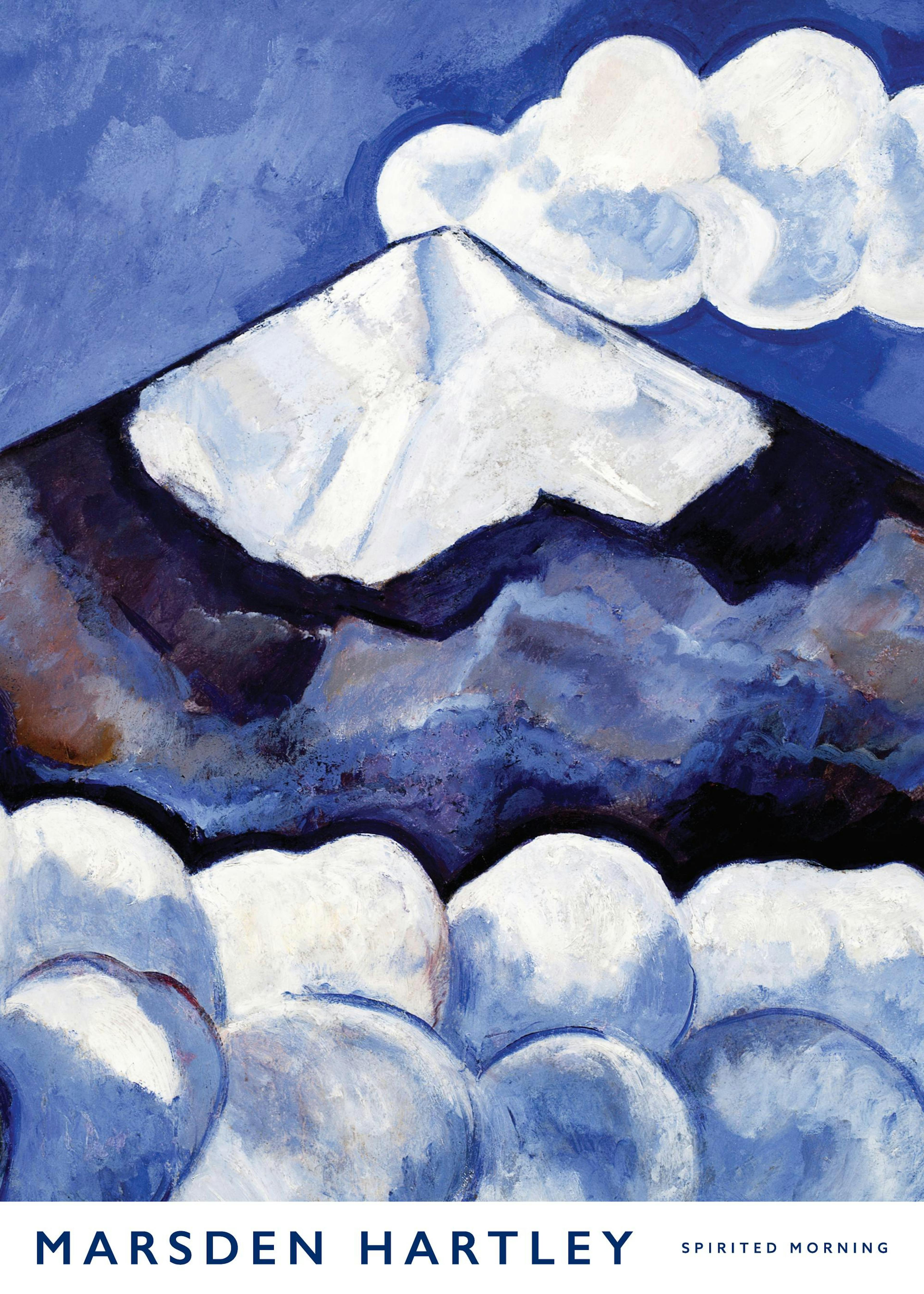 Marsden Hartley Spirited Morning print, a blue poster of a snow-capped mountain and white cloud.