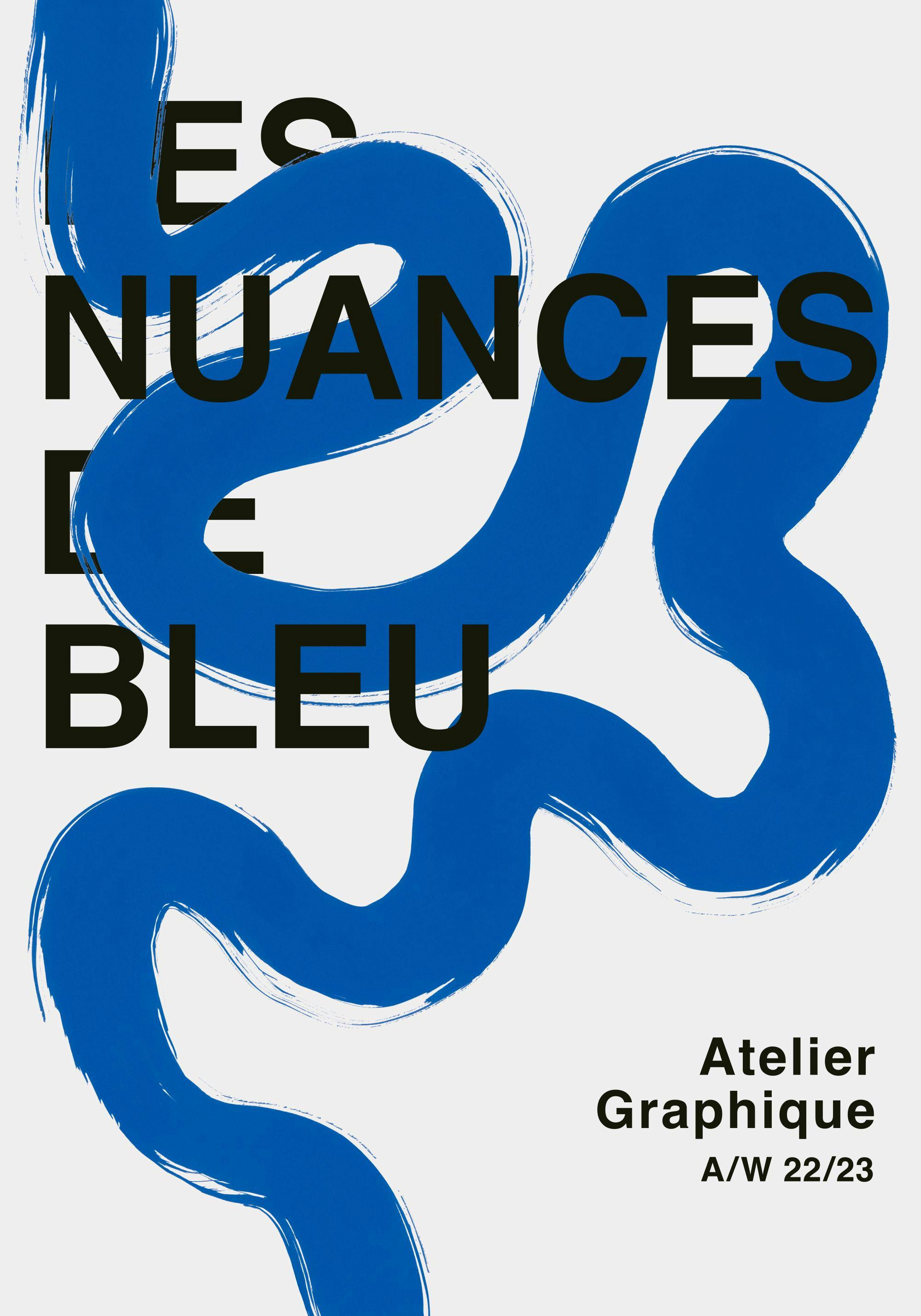 Poster med en dynamisk, penslad blå linje som slingrar sig över en vit bakgrund, med svart text över linjen.