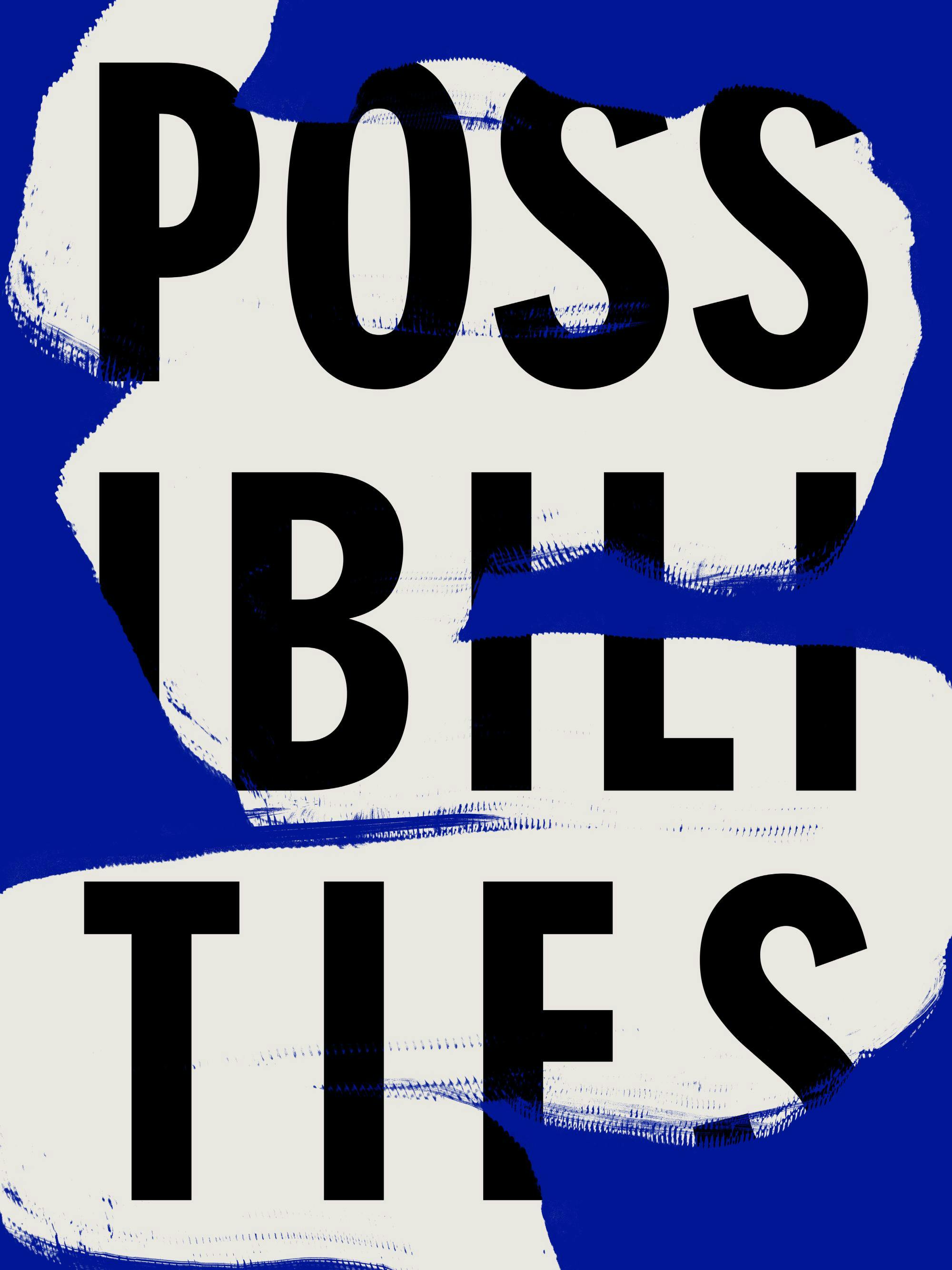 Poster met zwart POSSIBILITIES op beige strepen en een blauwe achtergrond