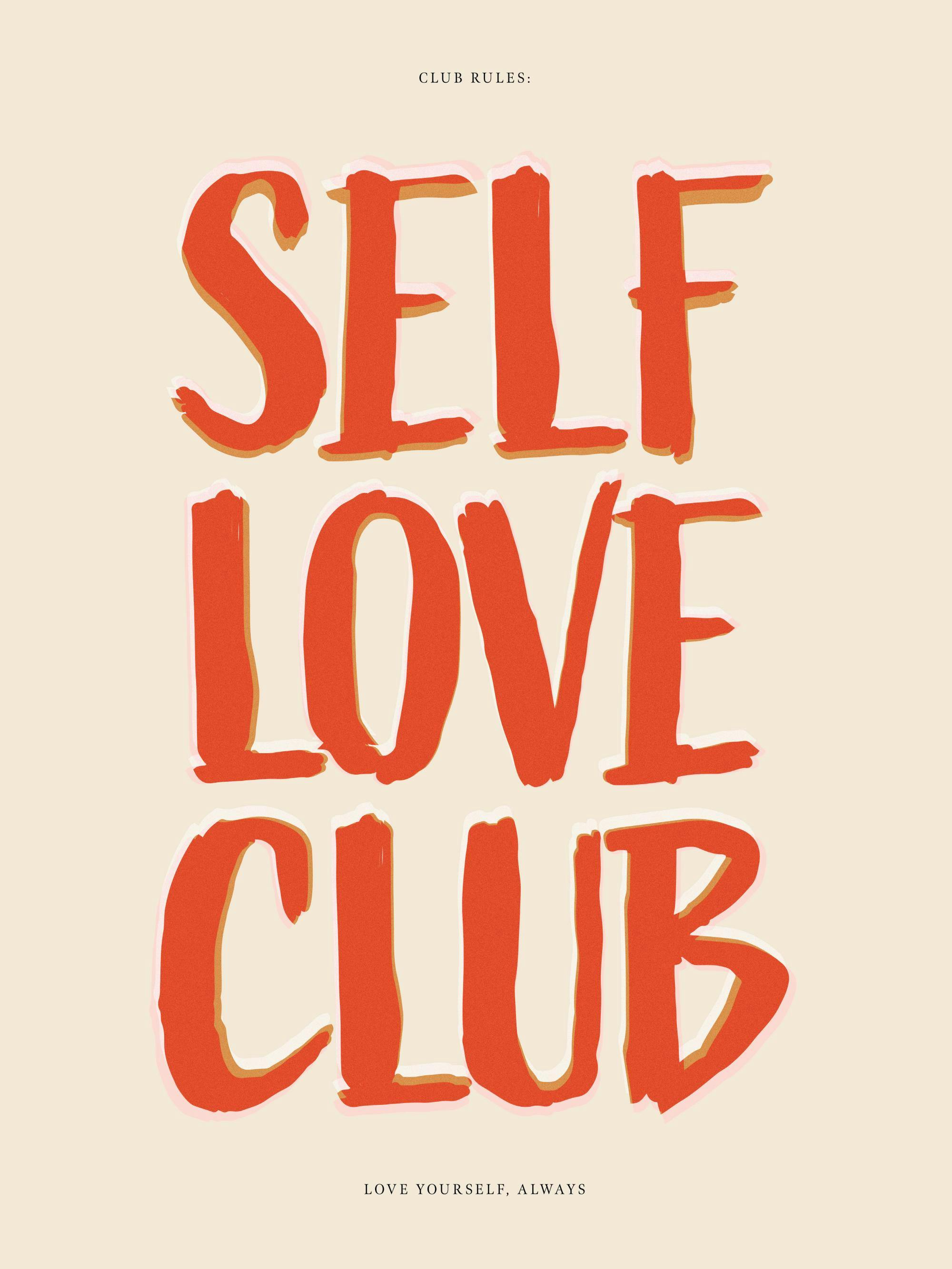 Textaffisch Self Love Club med röda, handritade bokstäver på ljusbeige bakgrund, modern typografi.