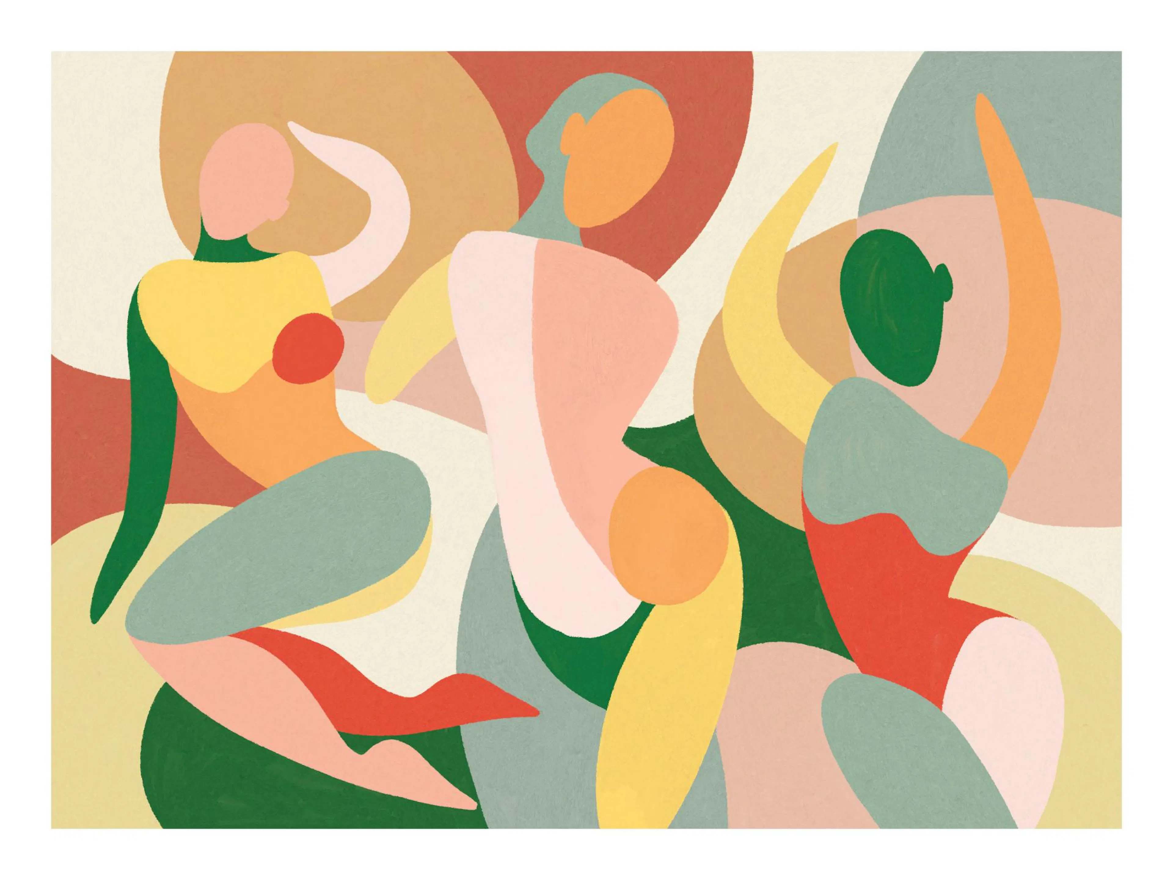 Affiche de trois femmes graphiques dansantes aux tons terreux, vert, rouge, beige, orange, rose, blanc et jaune.