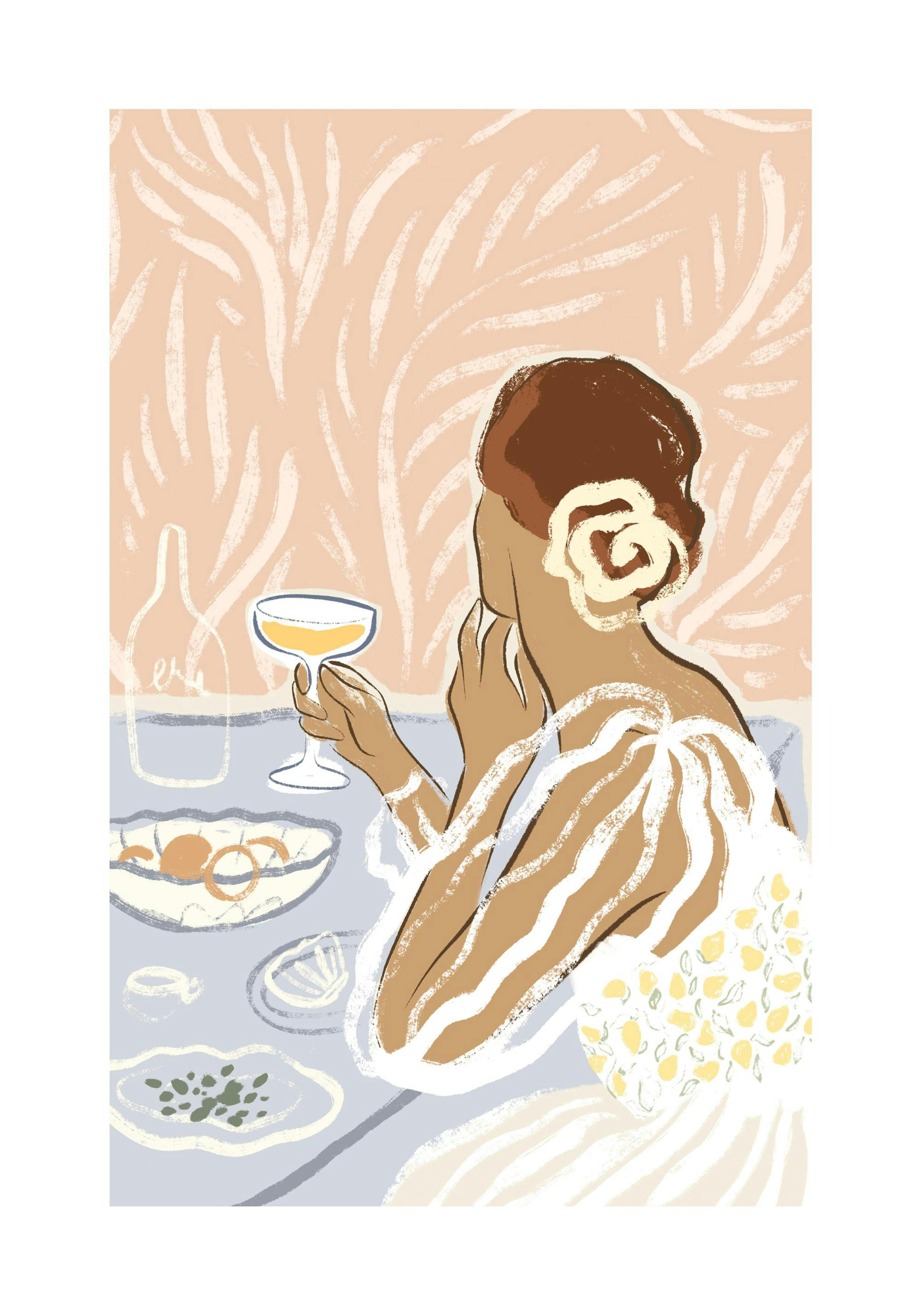 Affiche dune femme en robe blanche avec fleur beige dans les cheveux, buvant du champagne à table. Typographie texturée.