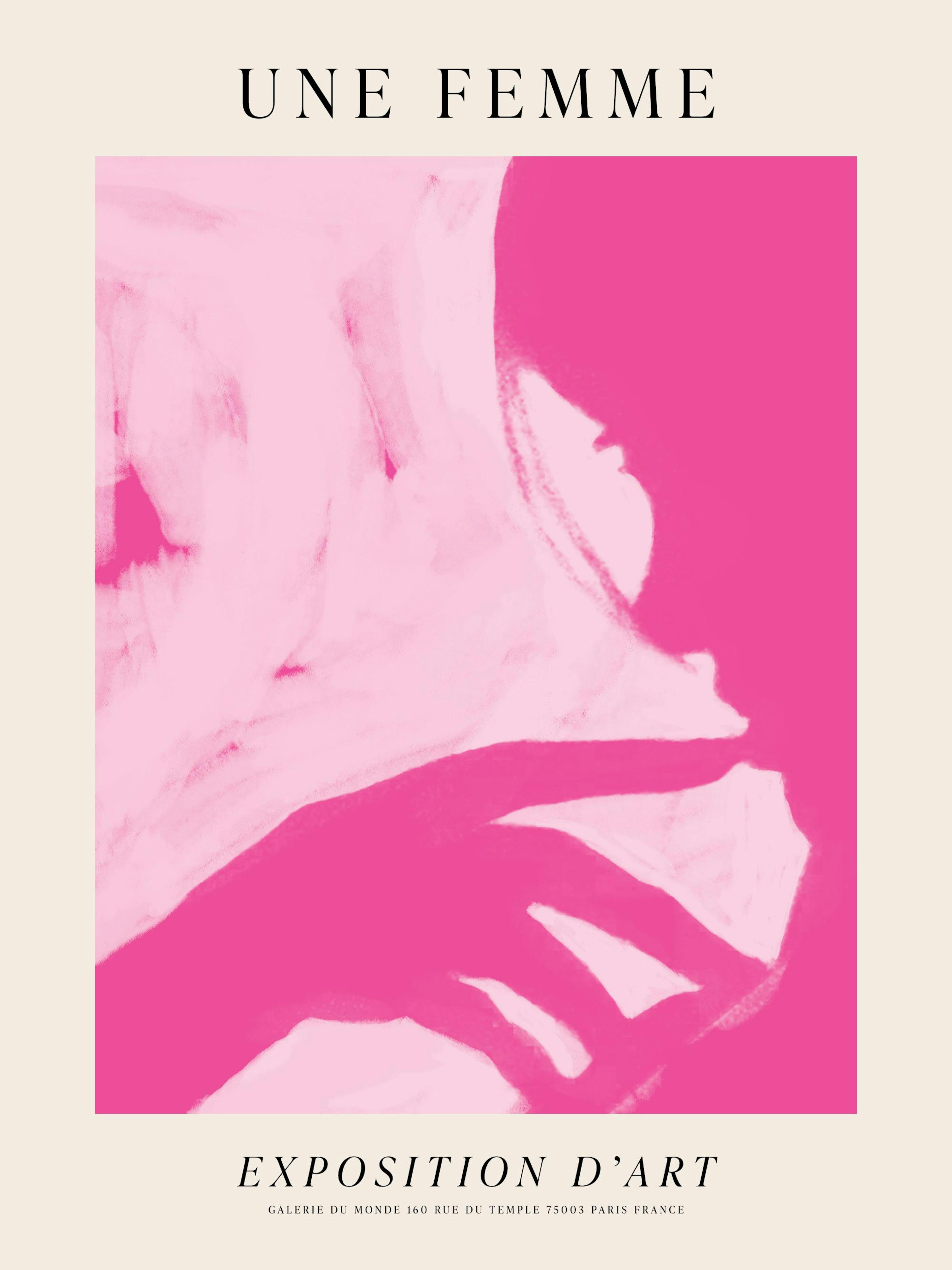 Pink silhouette woman touching her lip against a light pink background with text, a modern print poster.