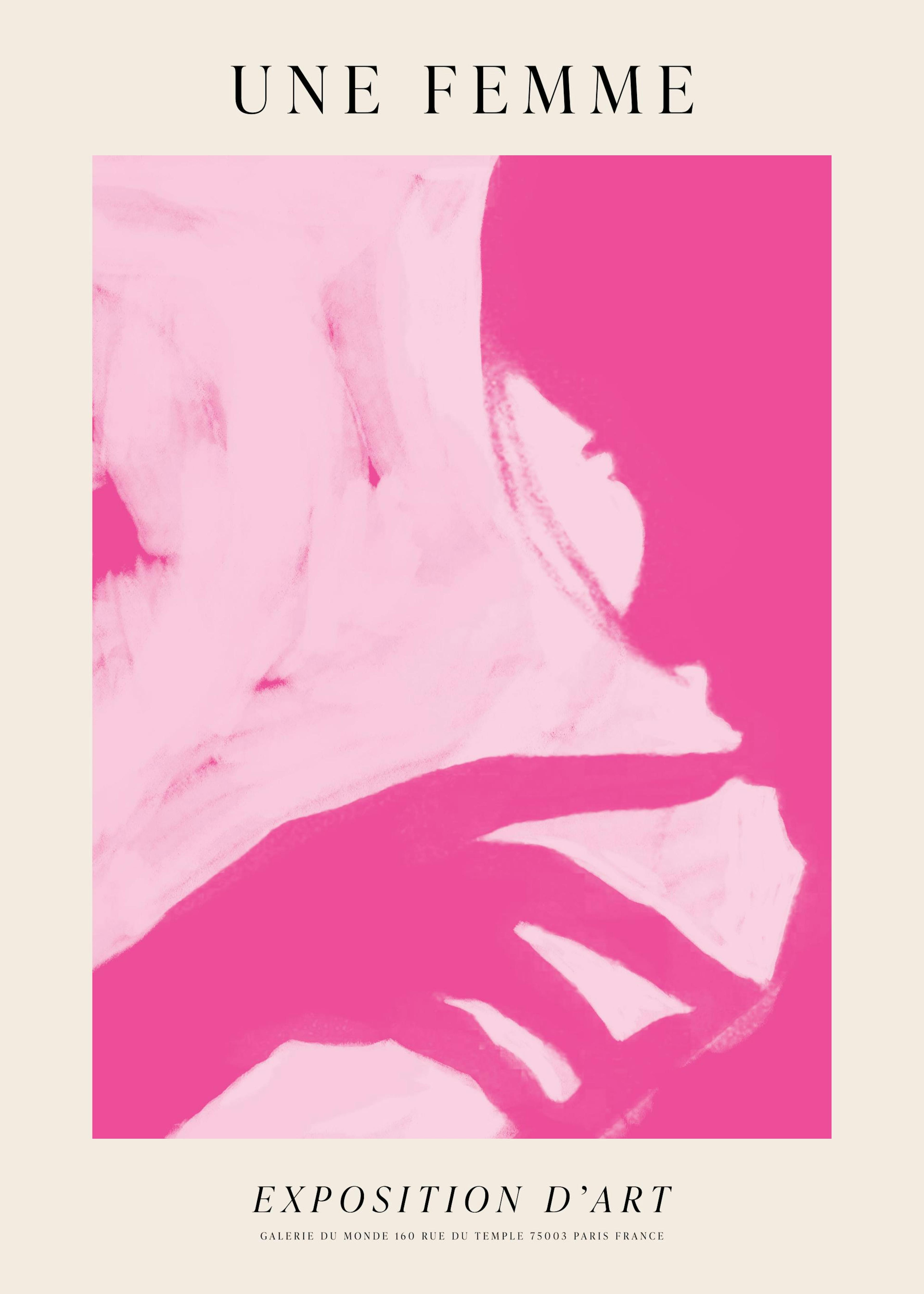 Póster rosa de silueta femenina, rostro y mano en fondo rosa claro con texto negro. Arte moderno para decoración.