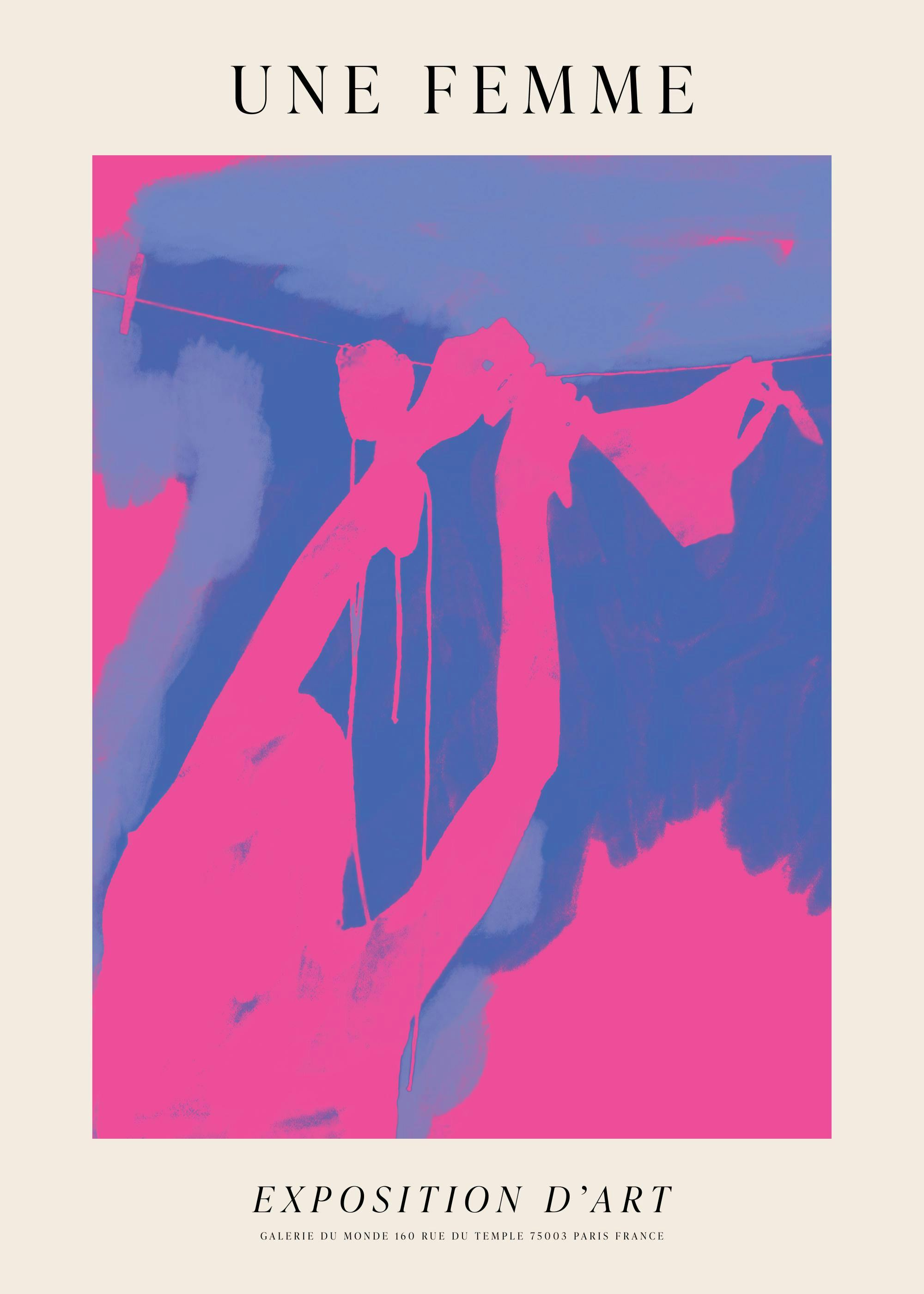 Pink and purple abstract poster print of a woman hanging laundry on a line, with beige framing and text.