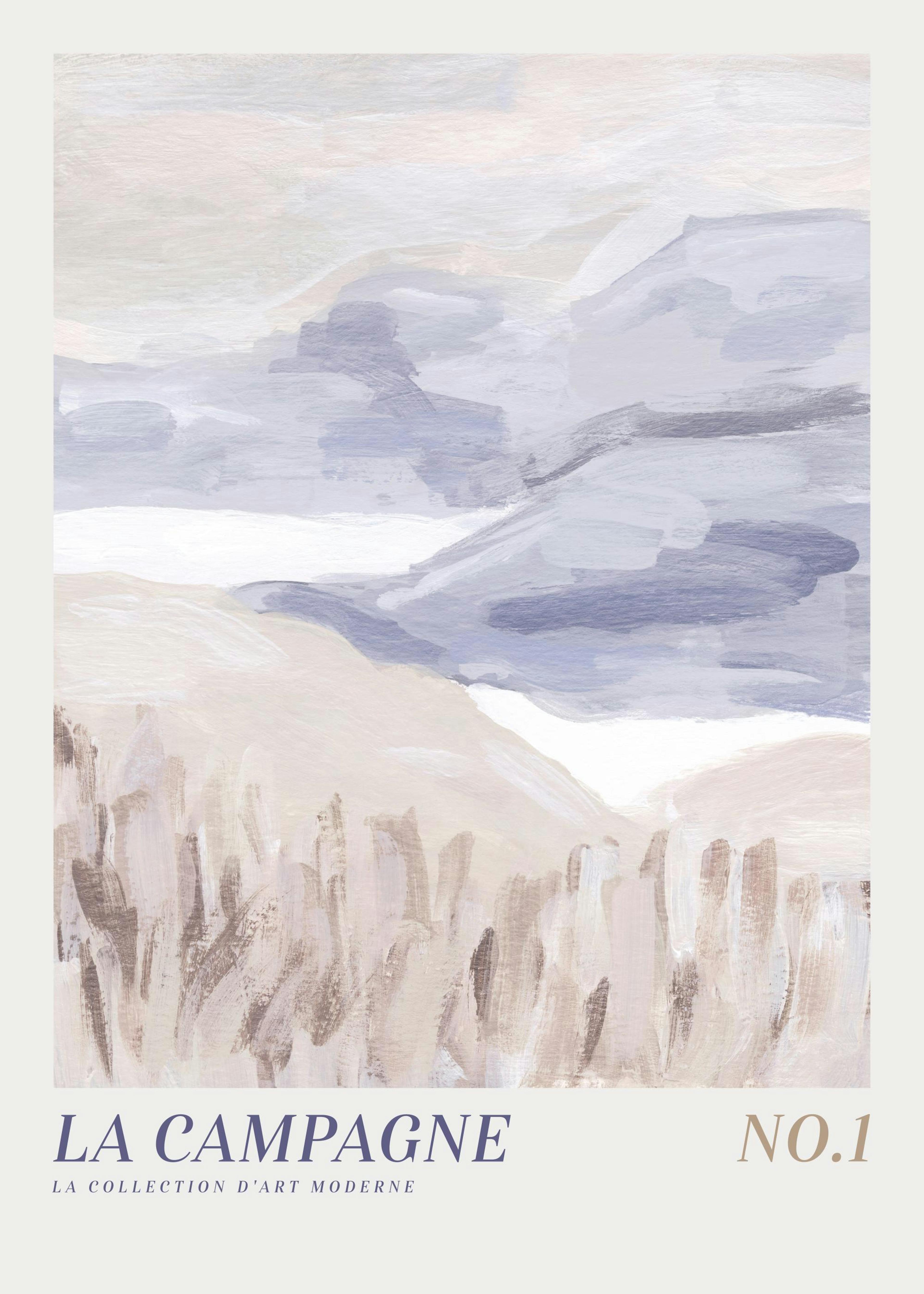 Mountain illustration print with earthy tones of beige, white, and light blue, depicting reeds and sea.