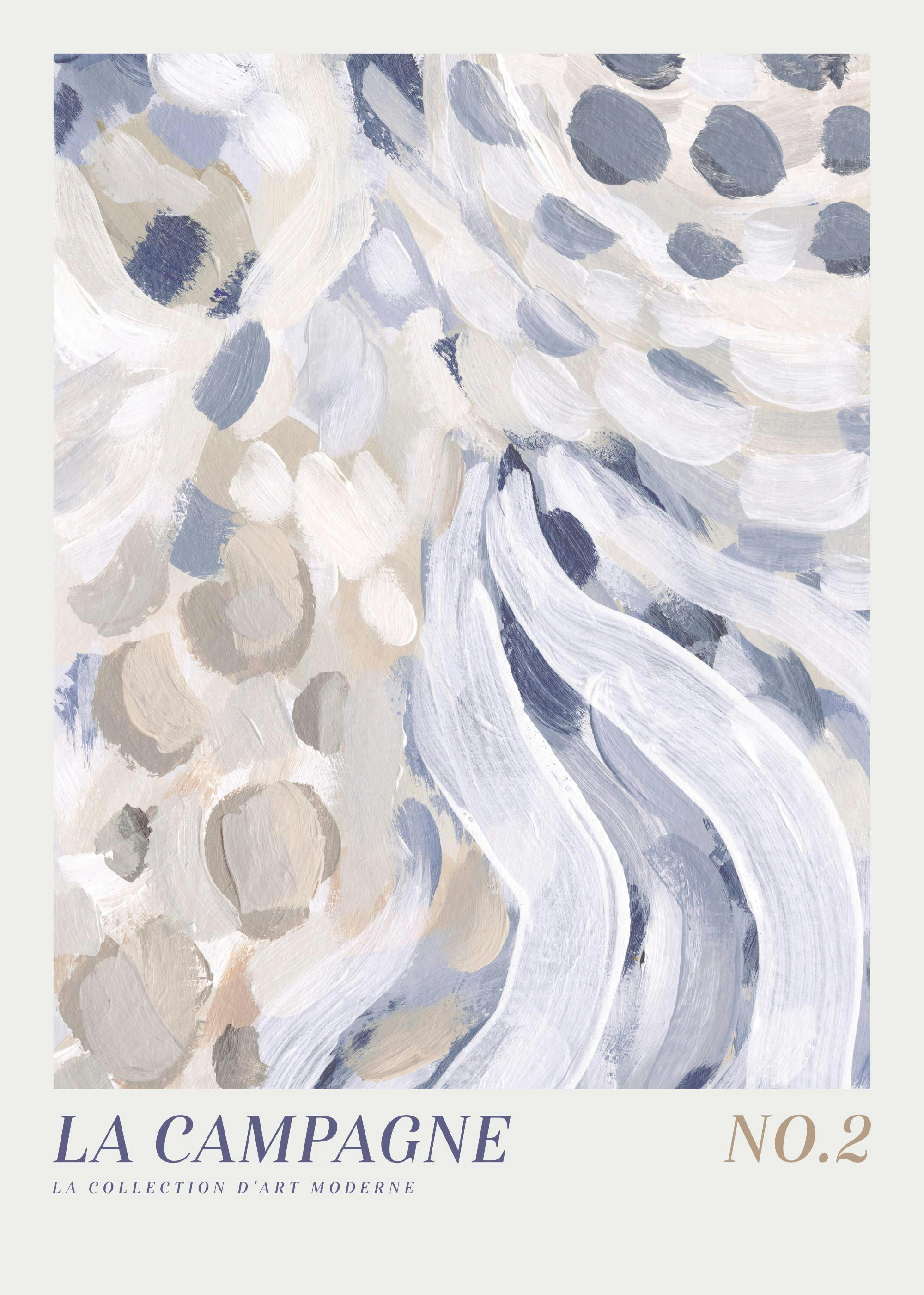 Abstract art print with earthy blue, white, and beige brushstrokes and dots, with text at the bottom.