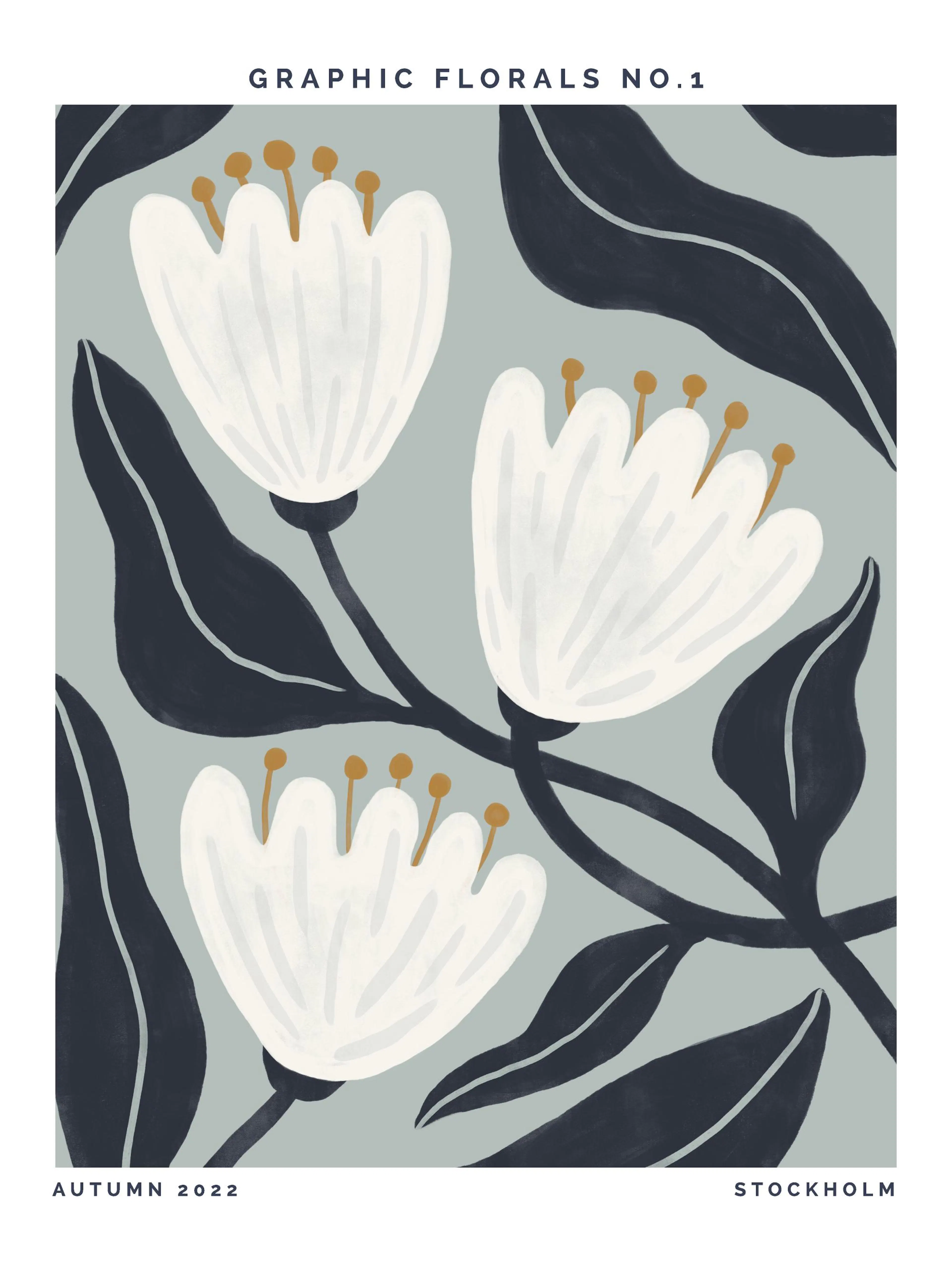 Graphic Florals No1 poster print with white flowers, yellow anthers, and dark green leaves on a light green background.