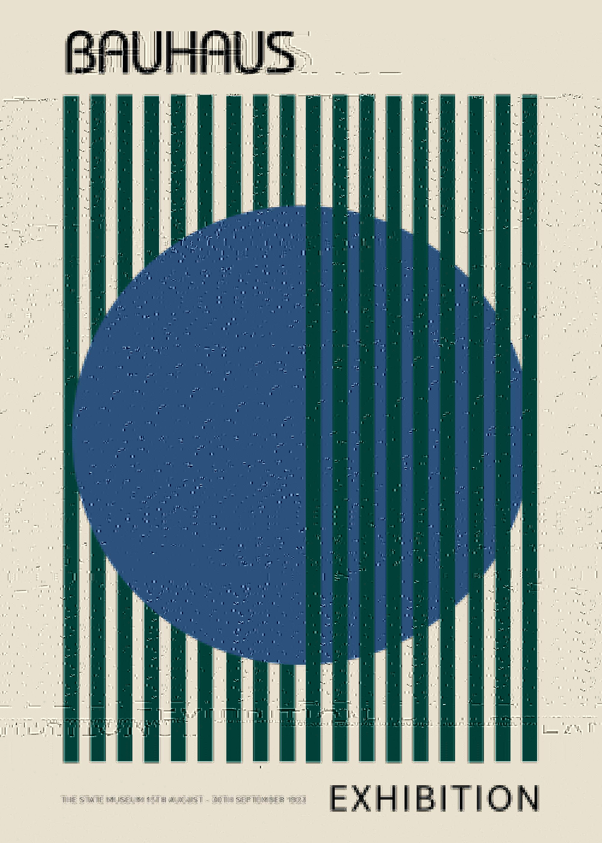 Affiche Bauhaus avec cercle bleu, rayures vertes et texte noir sur fond beige.
