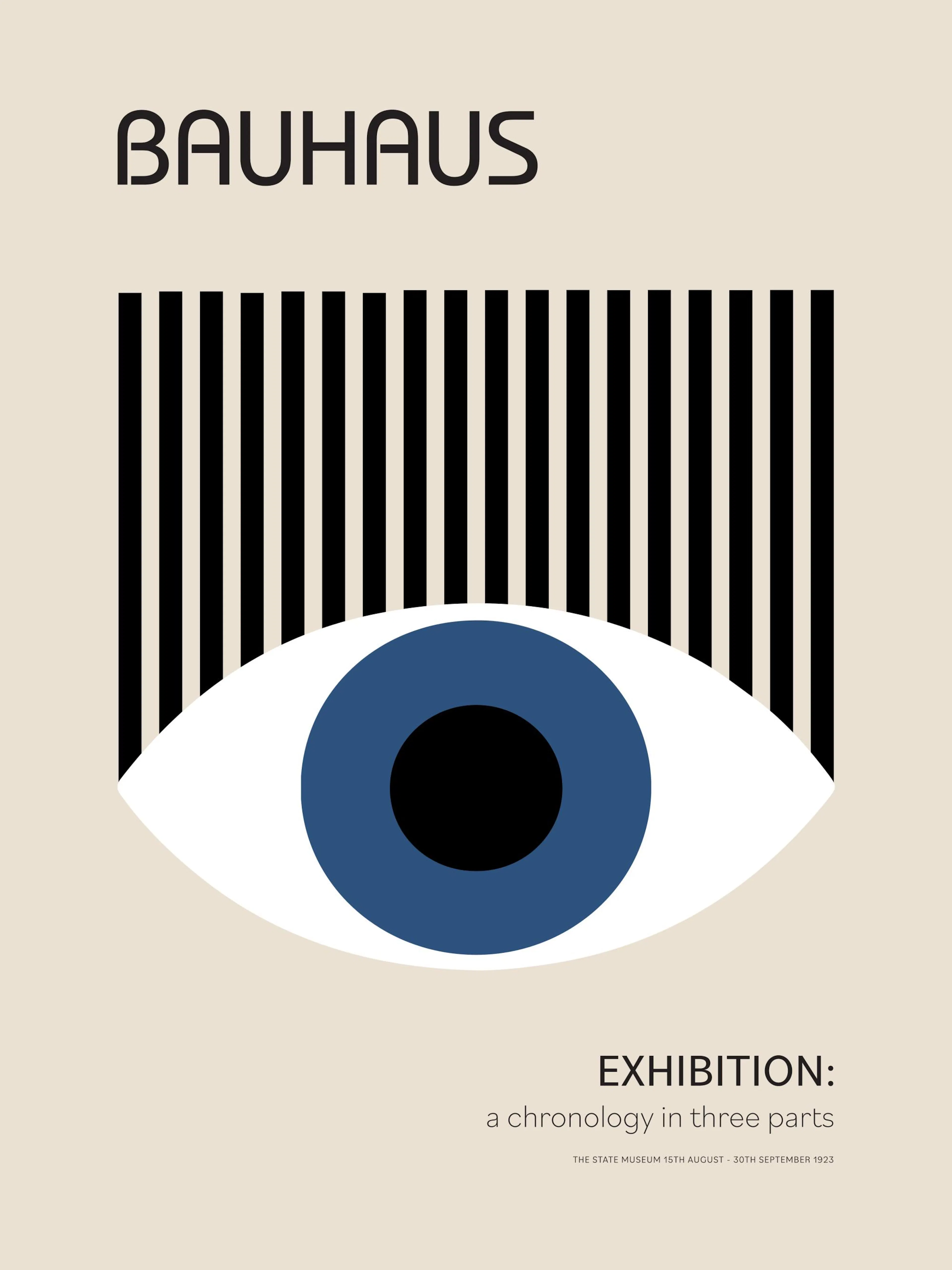 Affiche Bauhaus avec œil bleu et rayures noires, typographie Bauhaus en haut et texte dexposition en bas.