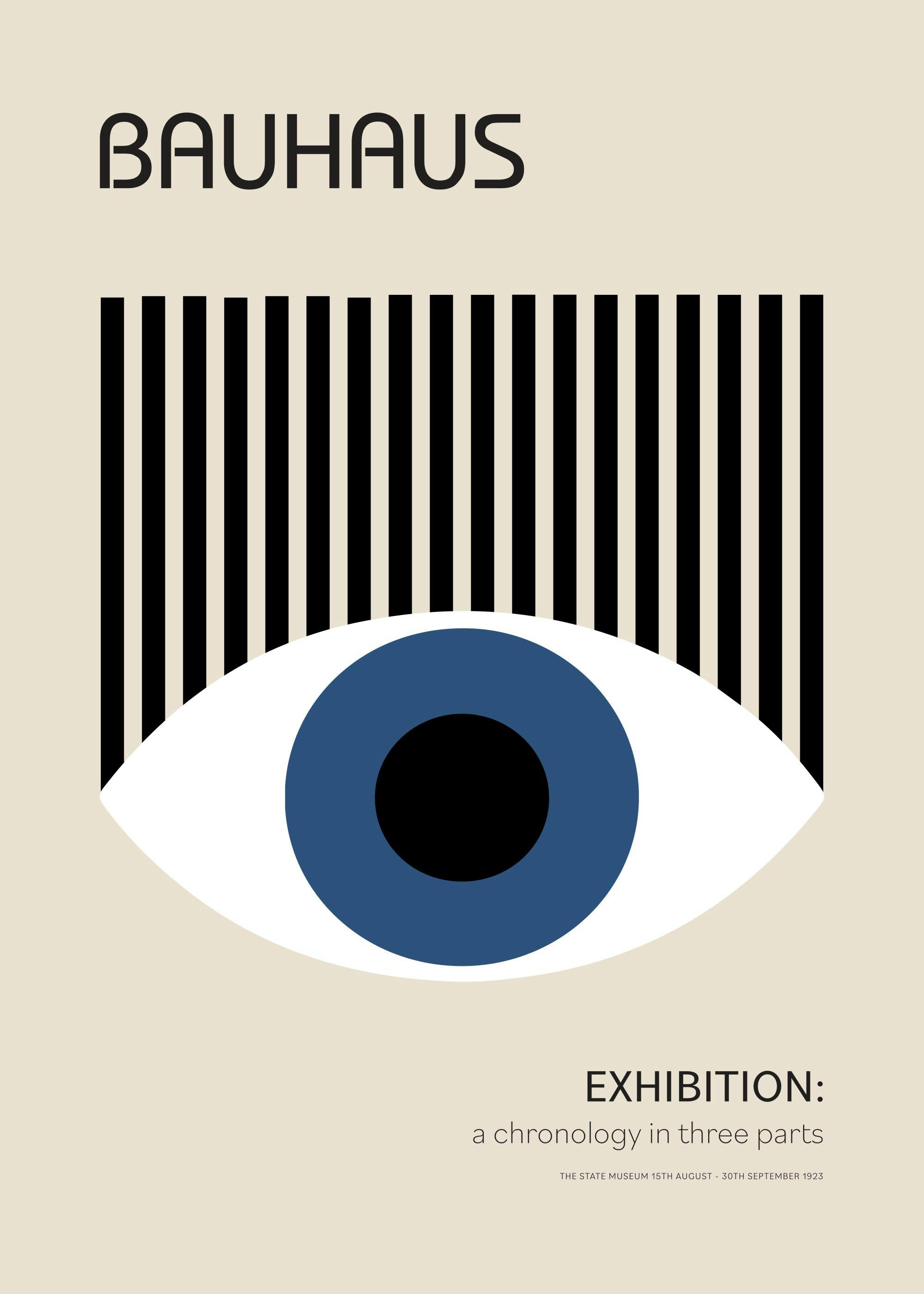 Bauhaus blue eye graphic print with black stripes as lashes on a beige background. Modern poster design.