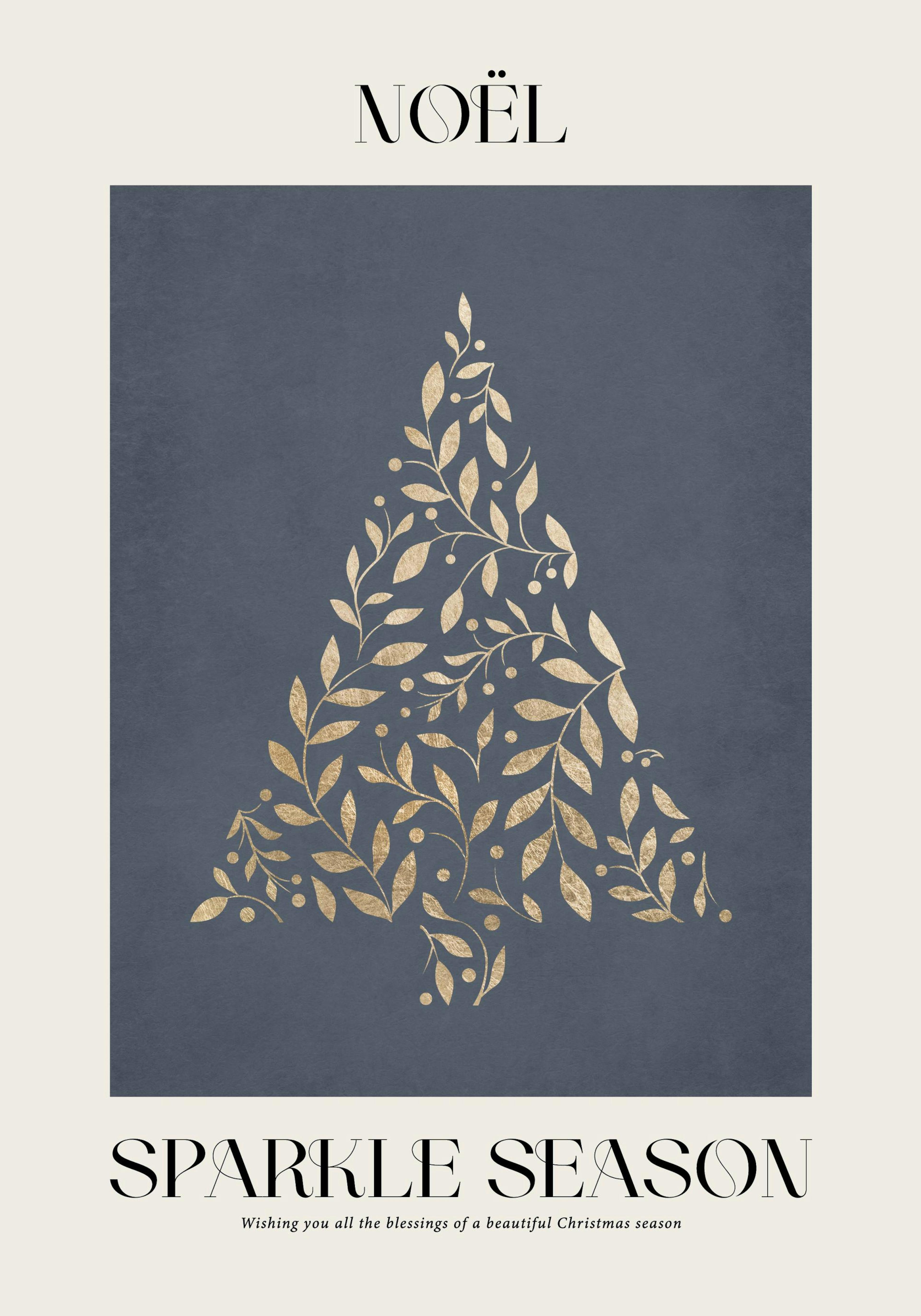 Plakat med et gyllent juletre, formet av blader og bær, på en mørk blå bakgrunn, med tekst NOËL og SPARKLE SEASON.