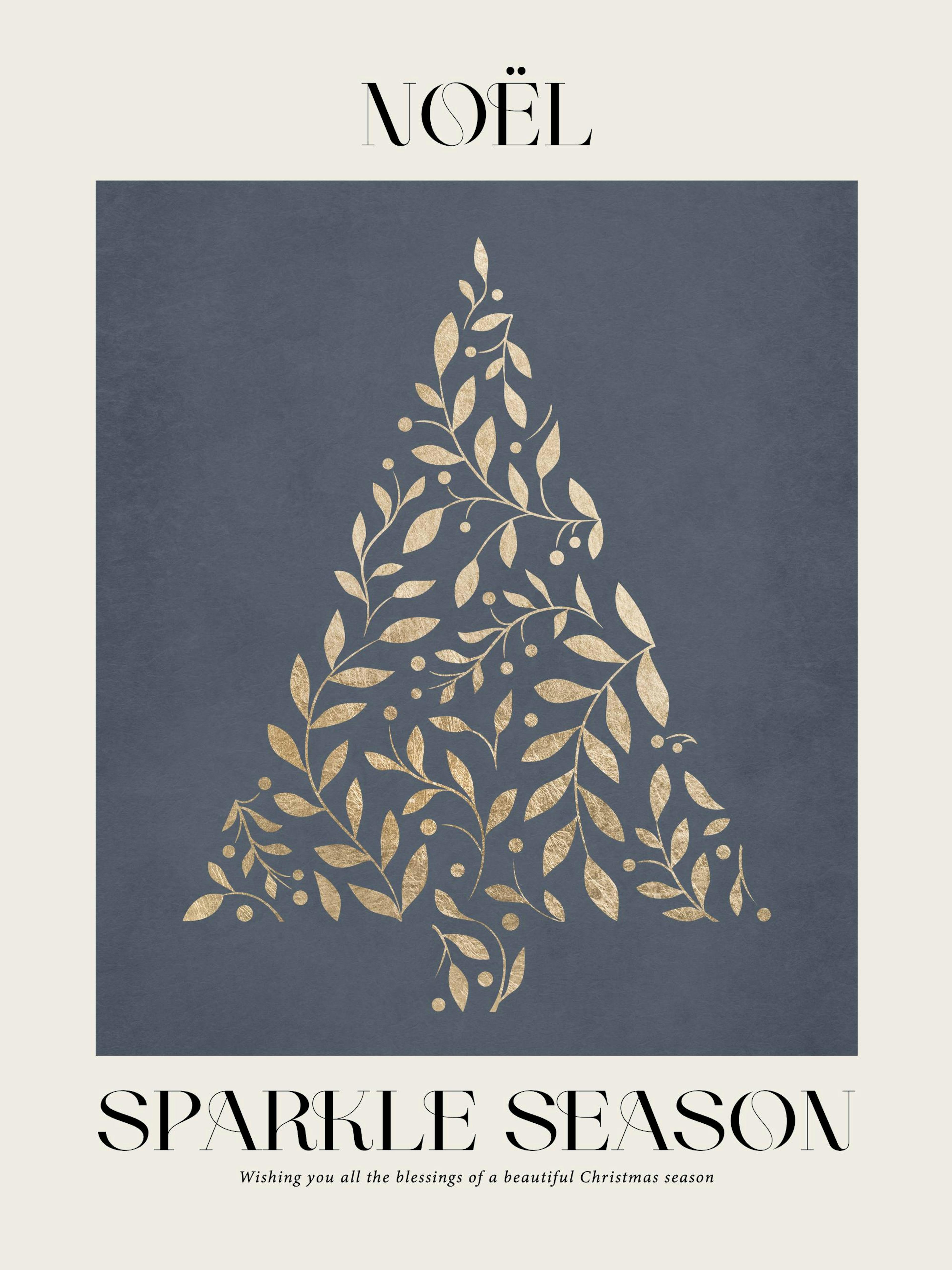 A Christmas print with a gold leaf tree on a navy background, displayed above a table with festive treats and candles.