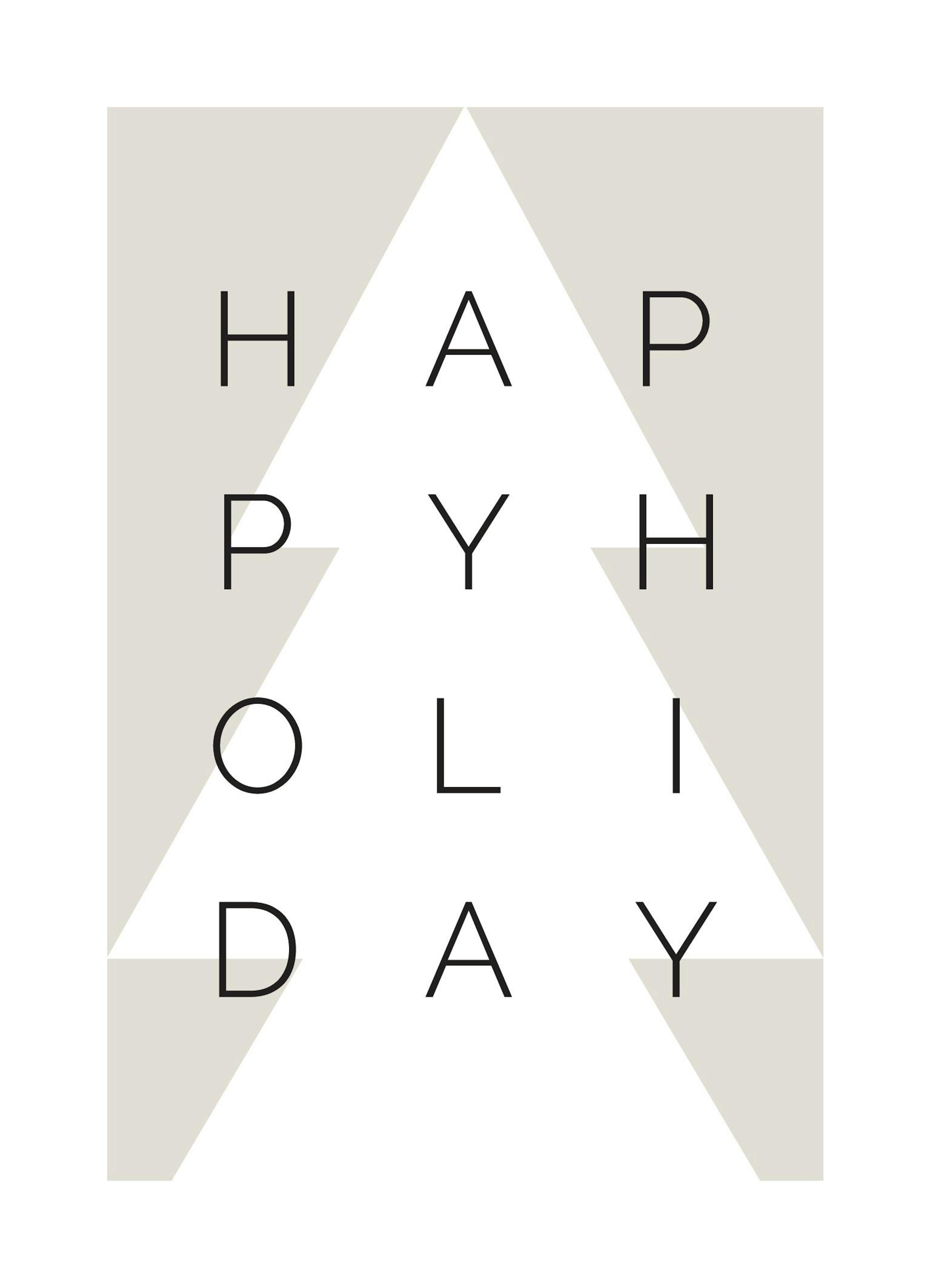 Biały plakat z beżowym tłem i napisem Happy Holiday tworzącym kształt choinki, minimalistyczna grafika świąteczna.