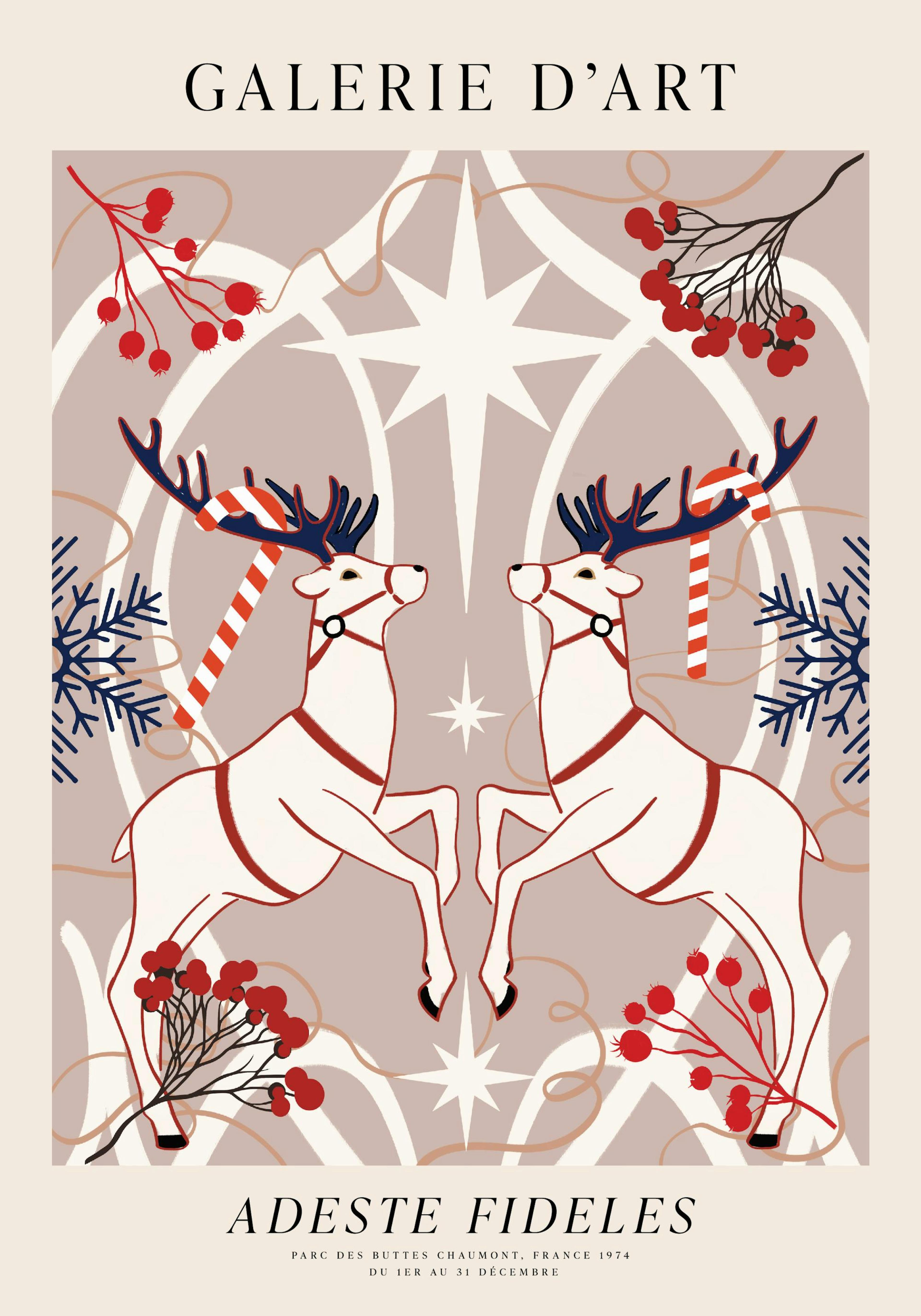 Holiday reindeer poster with candy canes, red berries, and snowflakes on a warm brown background.