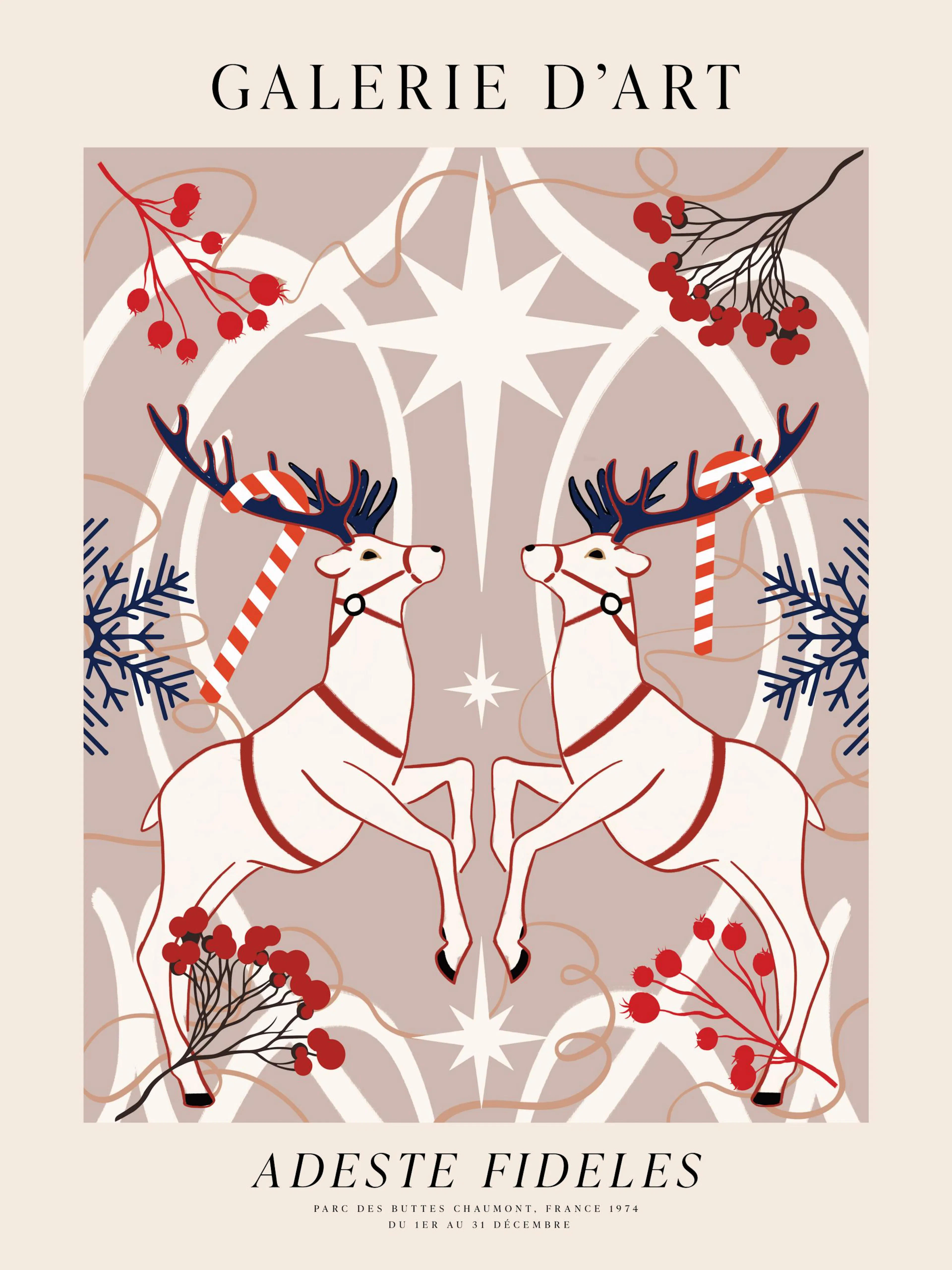 Holiday reindeer and candy canes poster with two white reindeer, red berries, and blue snowflakes on a soft brown background.
