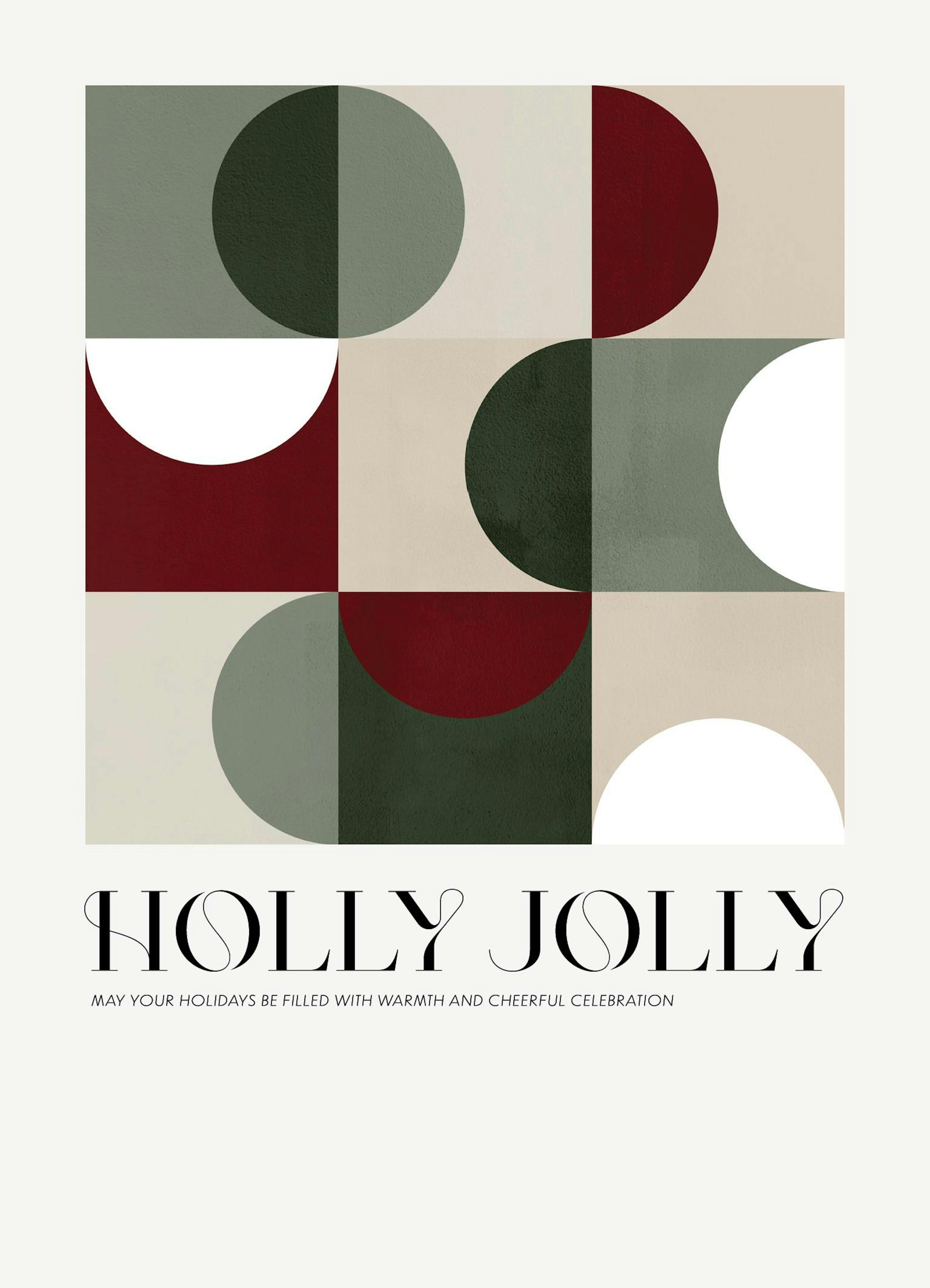 Holly Jolly -juliste, jossa vihreitä, punaisia ja valkoisia graafisia muotoja beigellä taustalla.