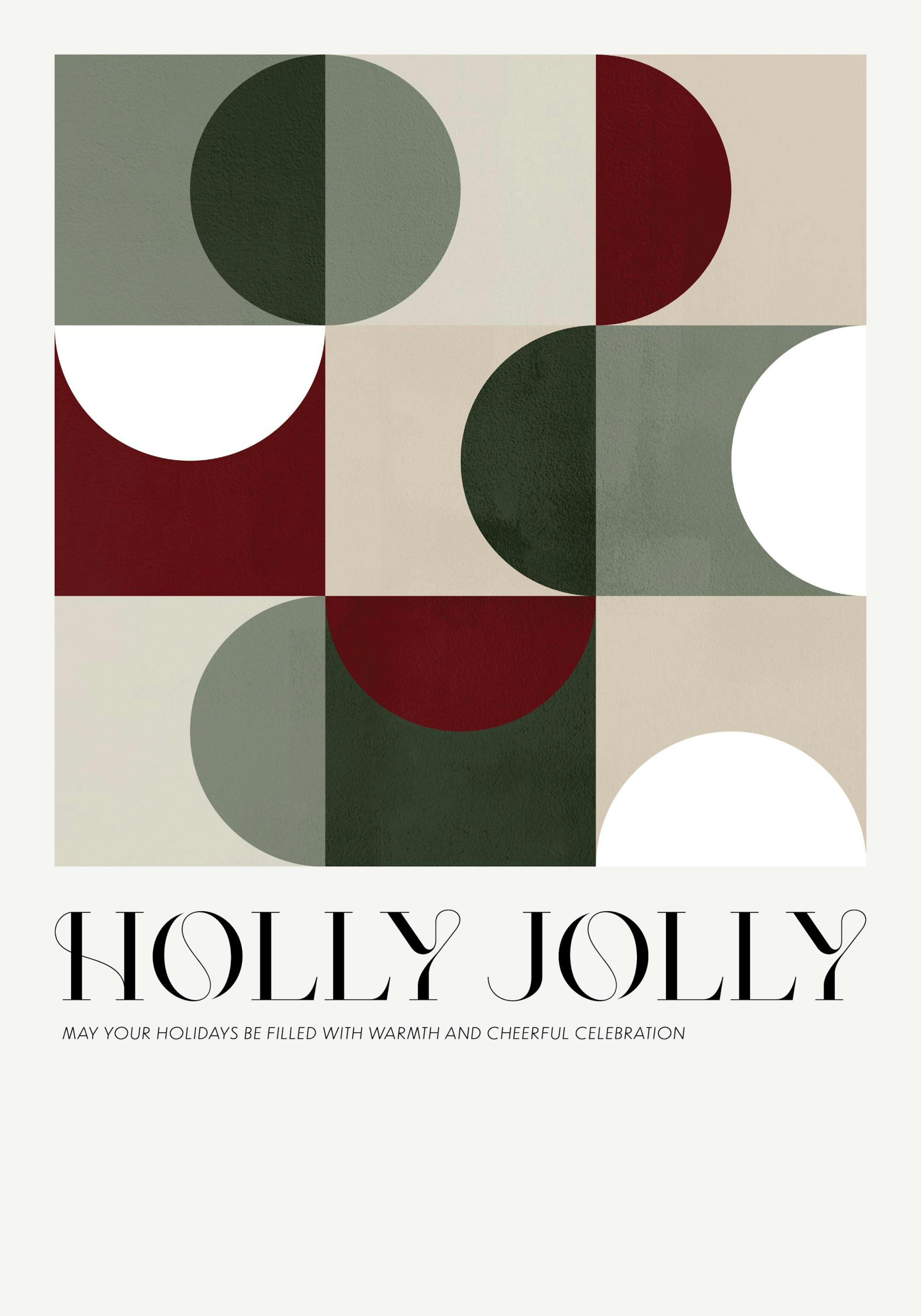 Plakat med grønne, røde og hvite grafiske former og sirkler på beige bakgrunn. Tekst Holly Jolly under motivet.