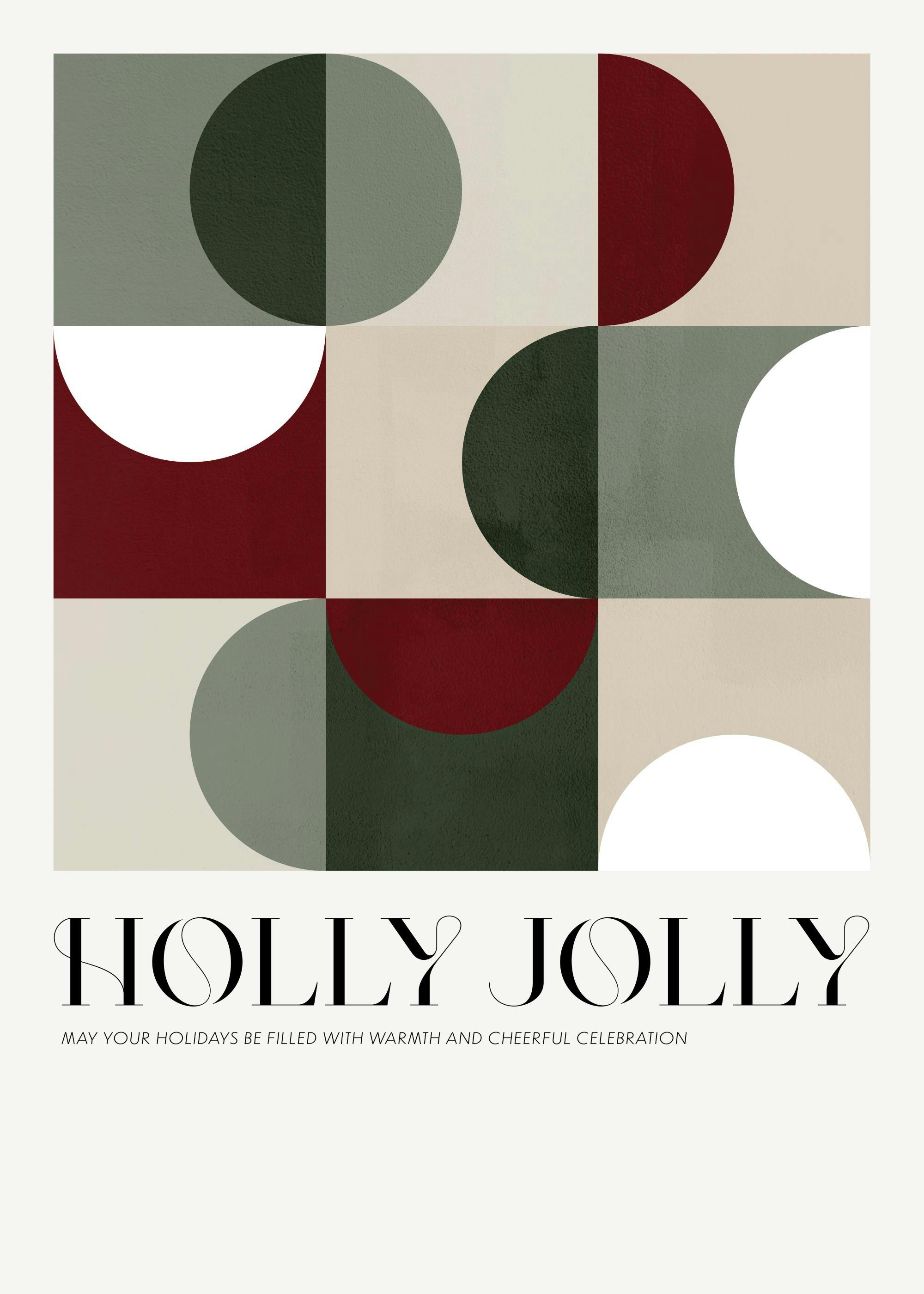 Affiche avec formes géométriques vertes, rouges et blanches sur fond beige, texte Holly Jolly en typographie stylisée.