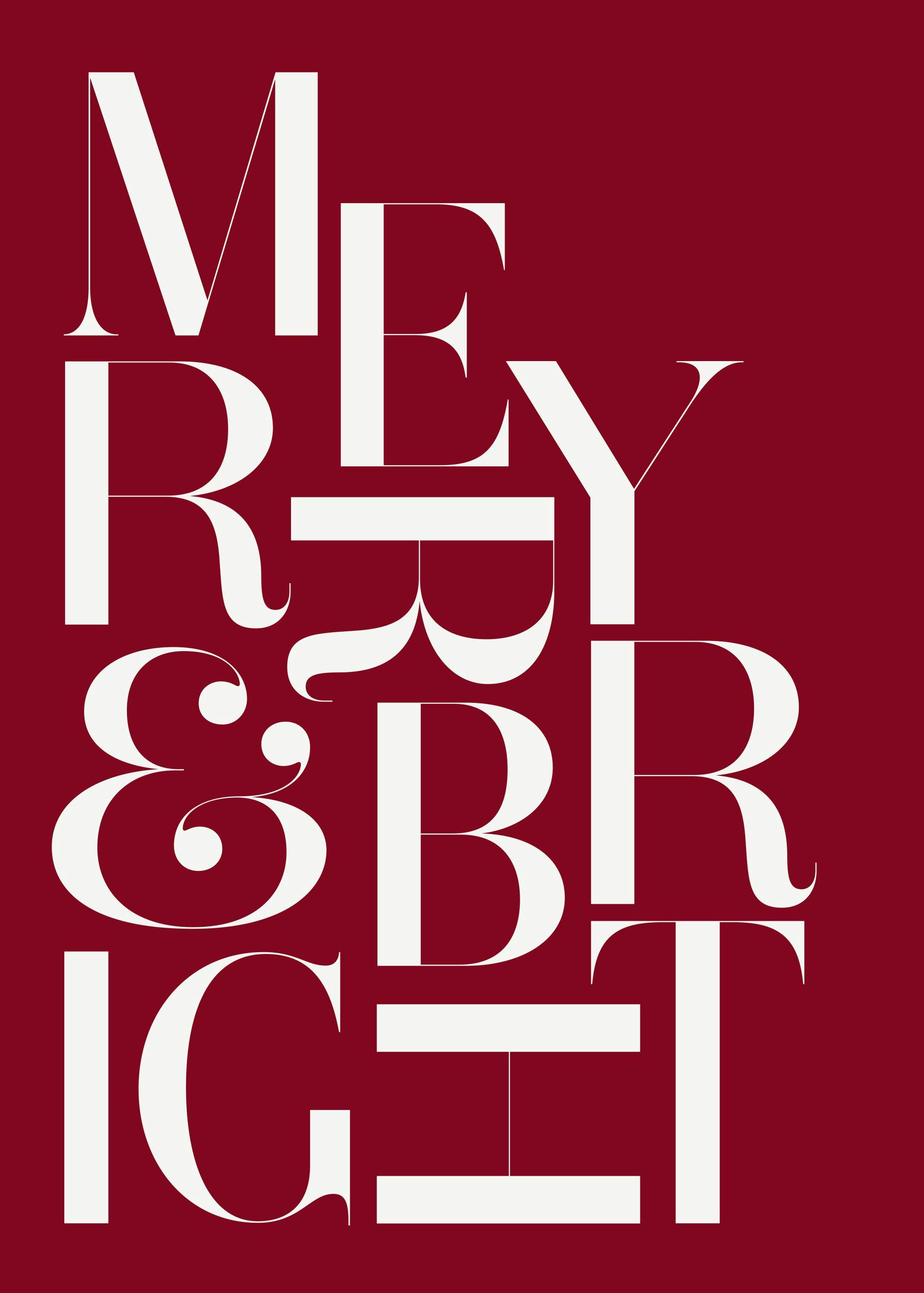 Affiche Merry & Bright, typographie blanche sur fond rouge, imprimé festif pour les fêtes
