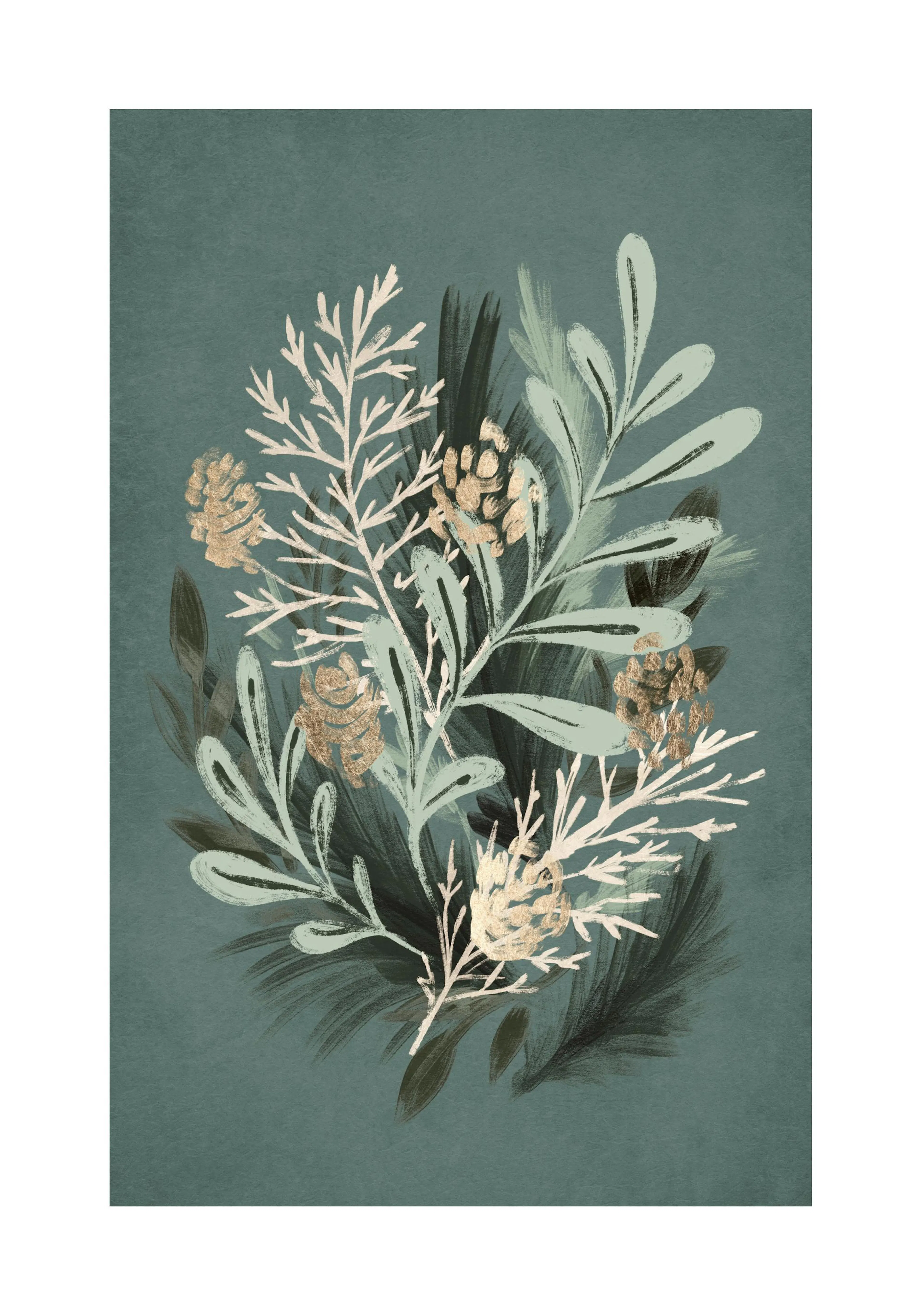 Botanical print with green leaves, fir needles, and gold pine cones on a deep green background.