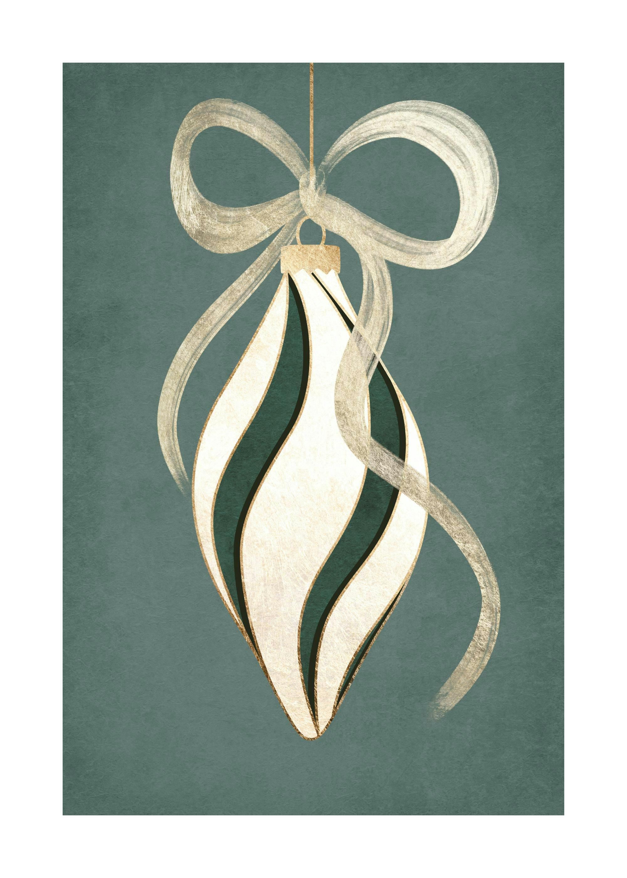 Weihnachtskugel in Weiß und Grün mit goldenen Akzenten und Schleife auf dunklem Hintergrund, festlicher Wandschmuck.