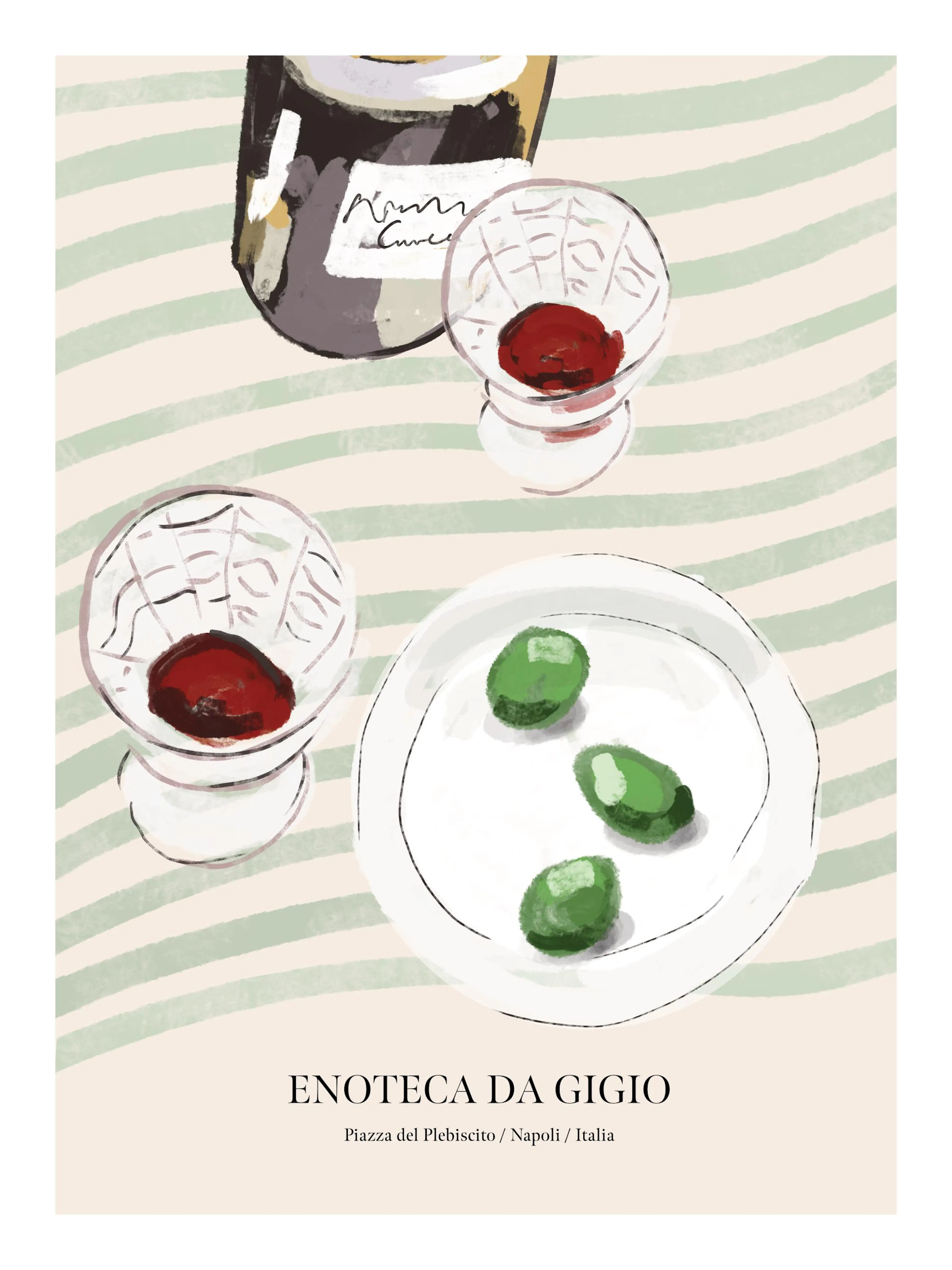 Print of red wine in glasses and green olives on a white plate, on a striped background, for a poster.