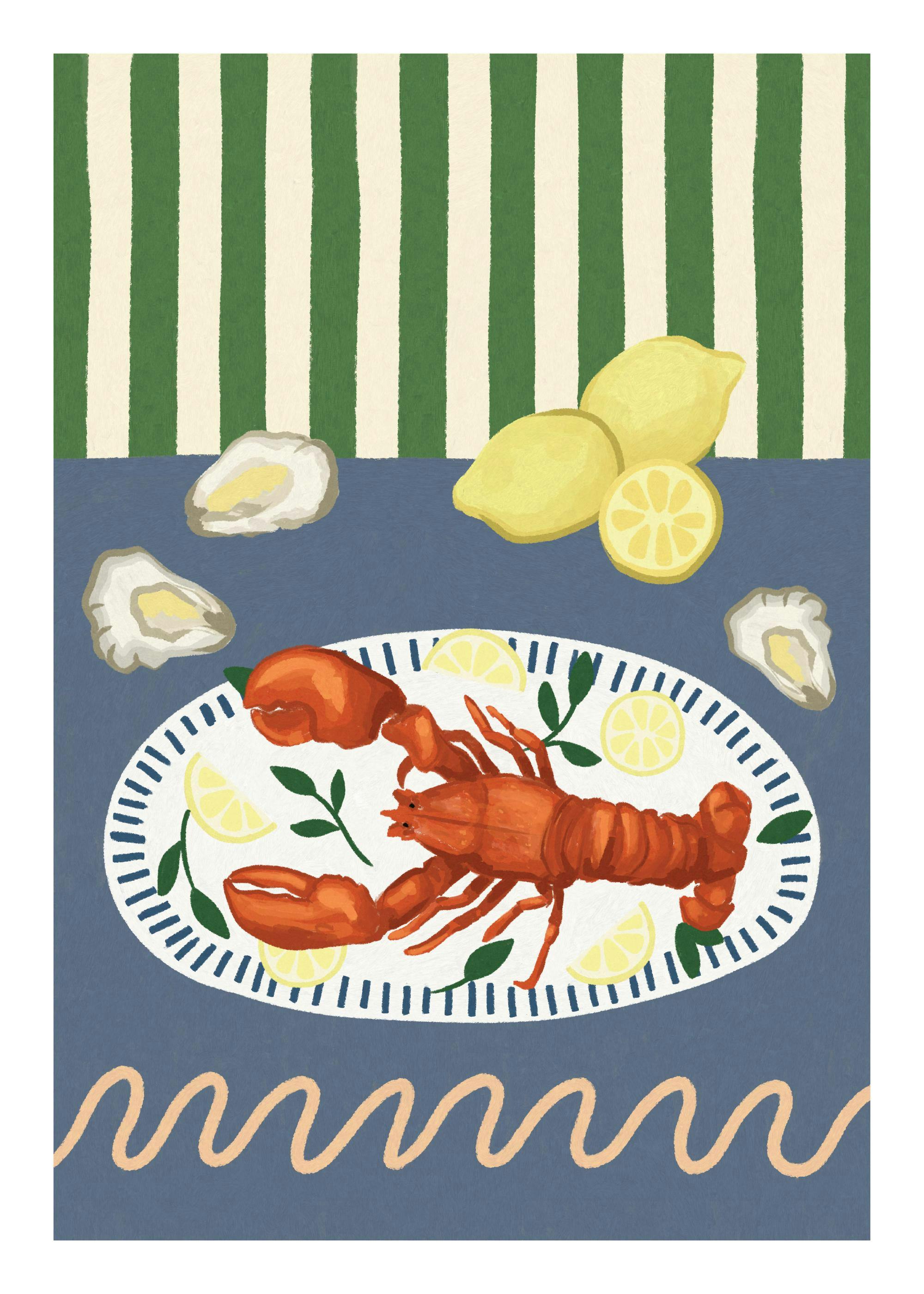 Illustratie van een rode kreeft op een witte schaal met citroenen en oesters op een blauwe tafel.