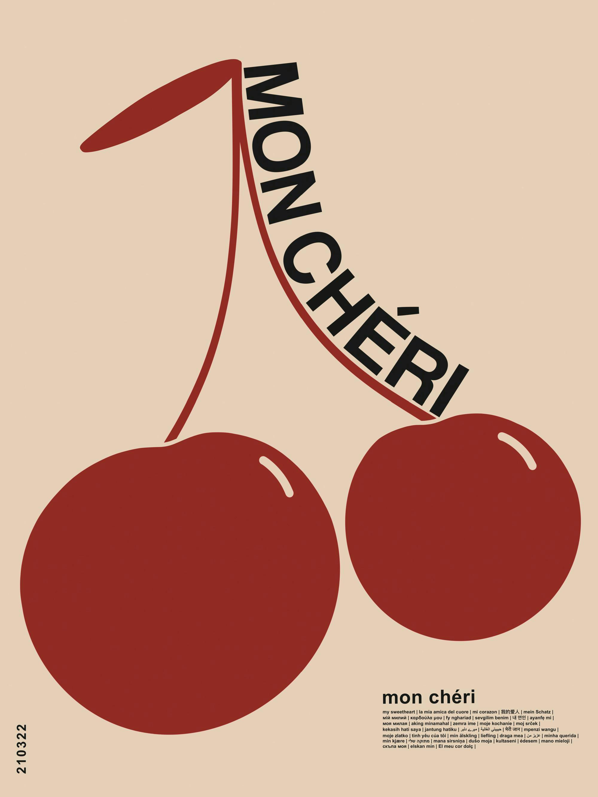 Två röda körsbär på beige bakgrund med texten Mon Chéri i svart ovanför. Konst av Nephthys Foster.