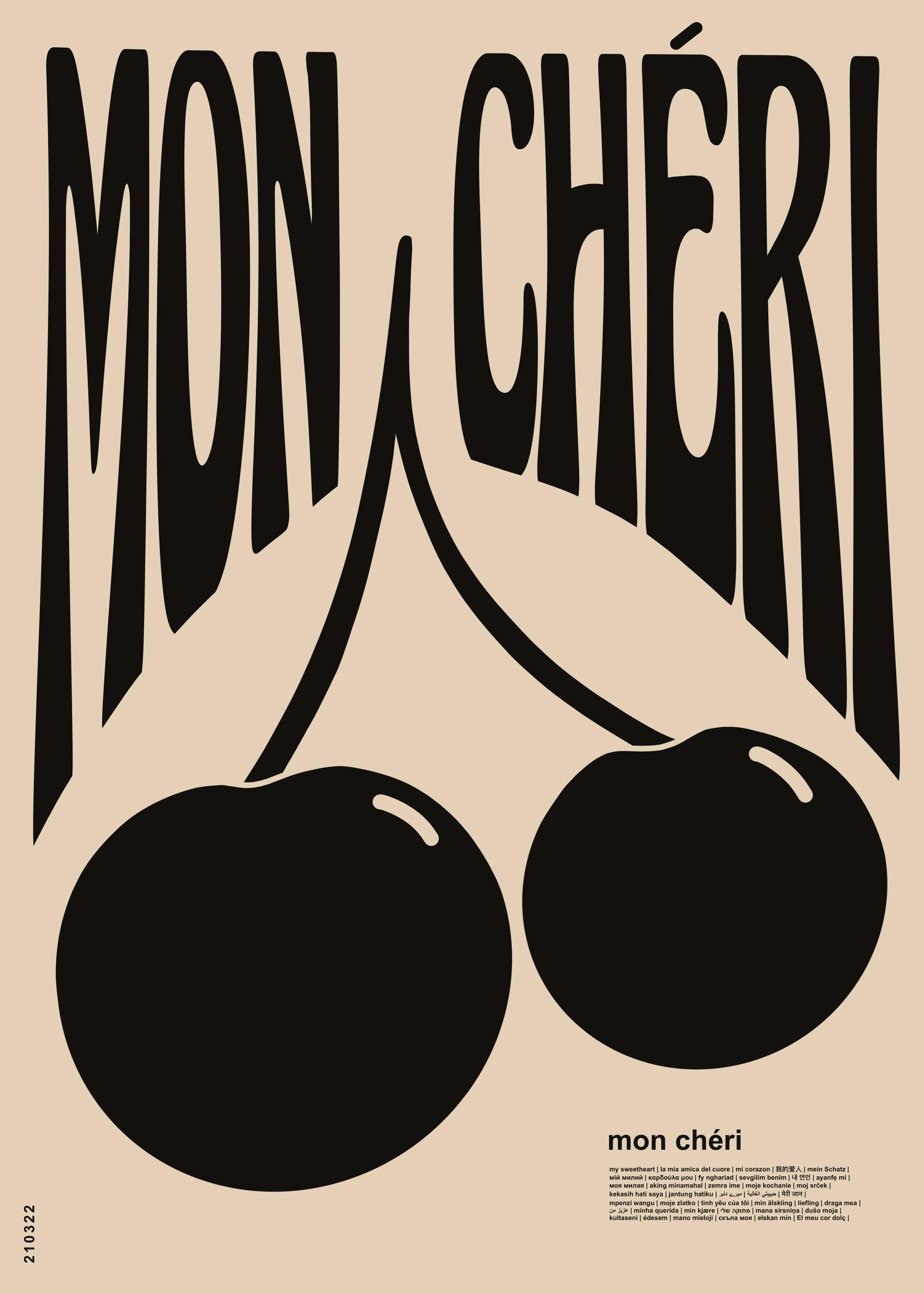 Affiche Mon Cheri No2 avec deux cerises noires et typographie noire sur fond beige.