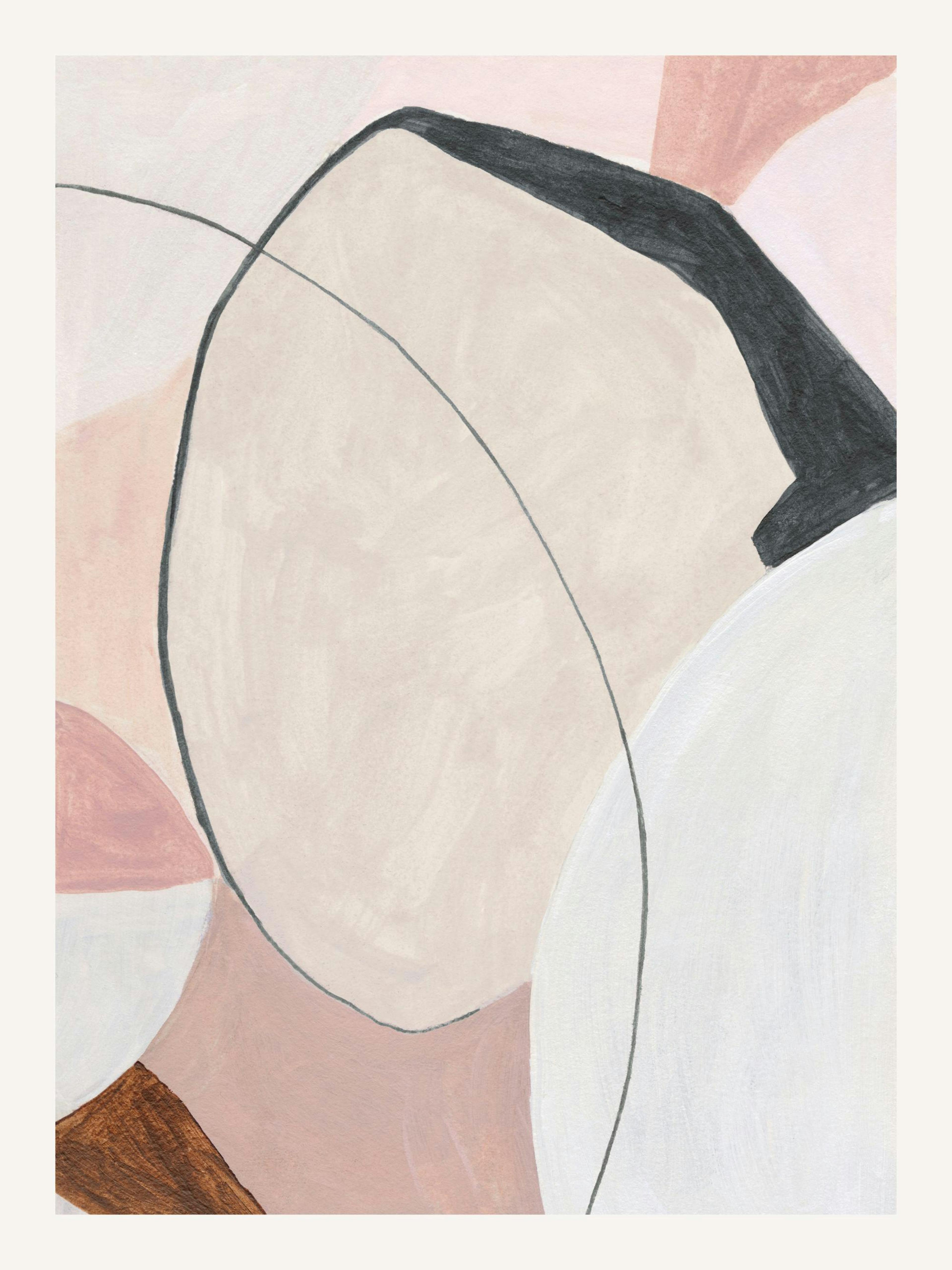 Dusty pink and beige abstract shapes print, with dark lines intersecting on a poster