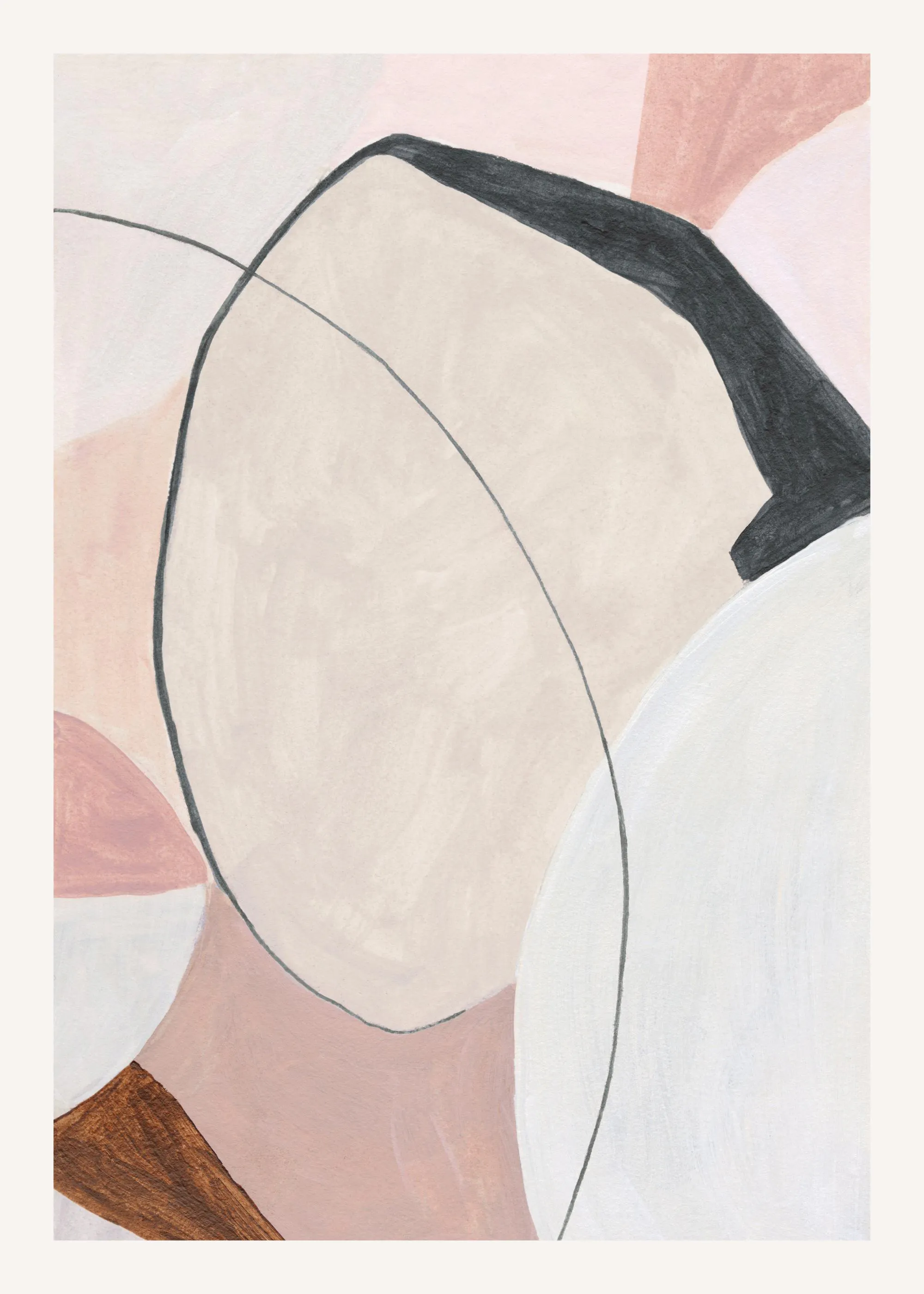 Póster abstracto: formas orgánicas en rosa empolvado, beige y blanco con toques de marrón y líneas oscuras.