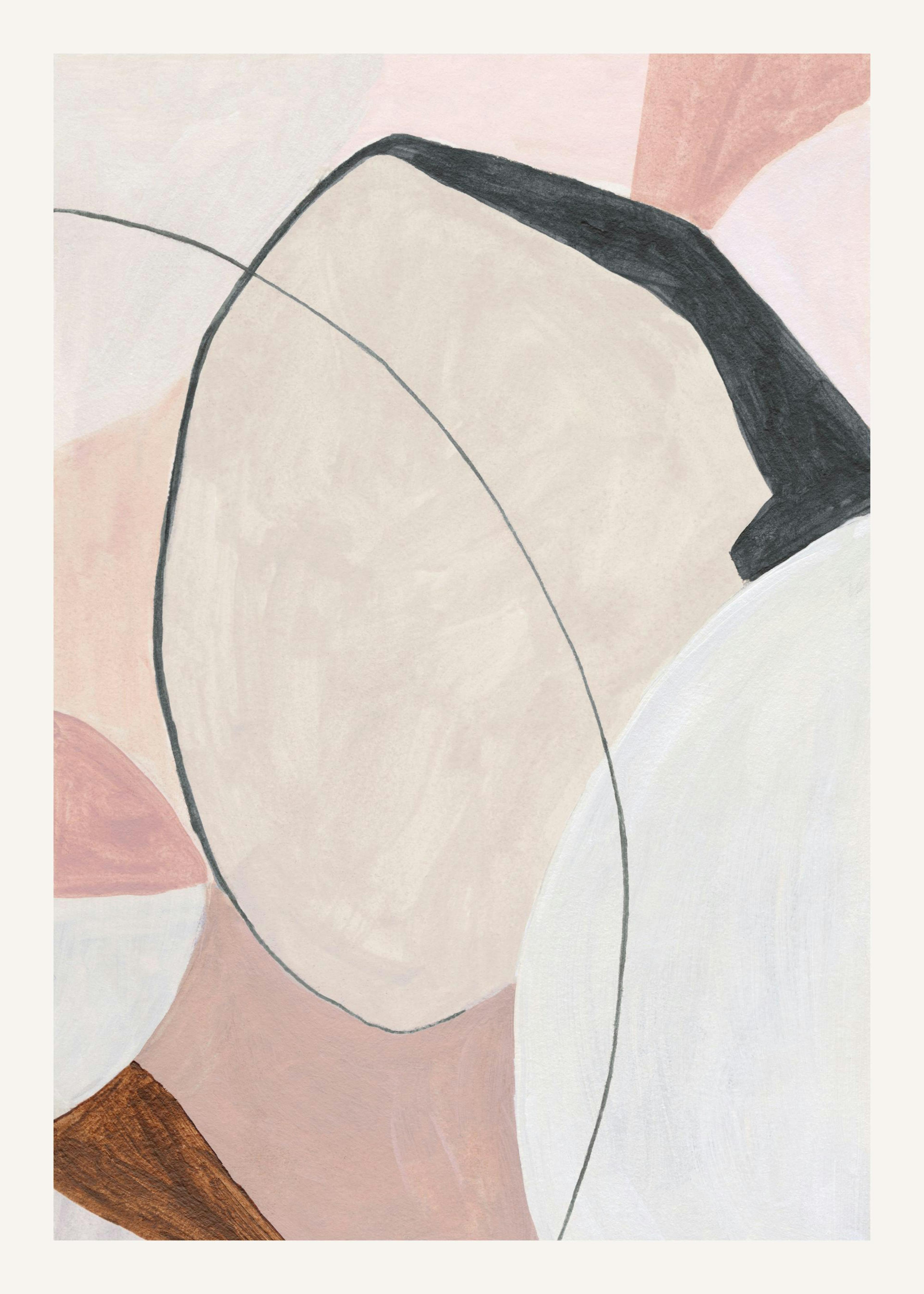 Abstract art poster with dusty pink, beige, and white shapes and black lines