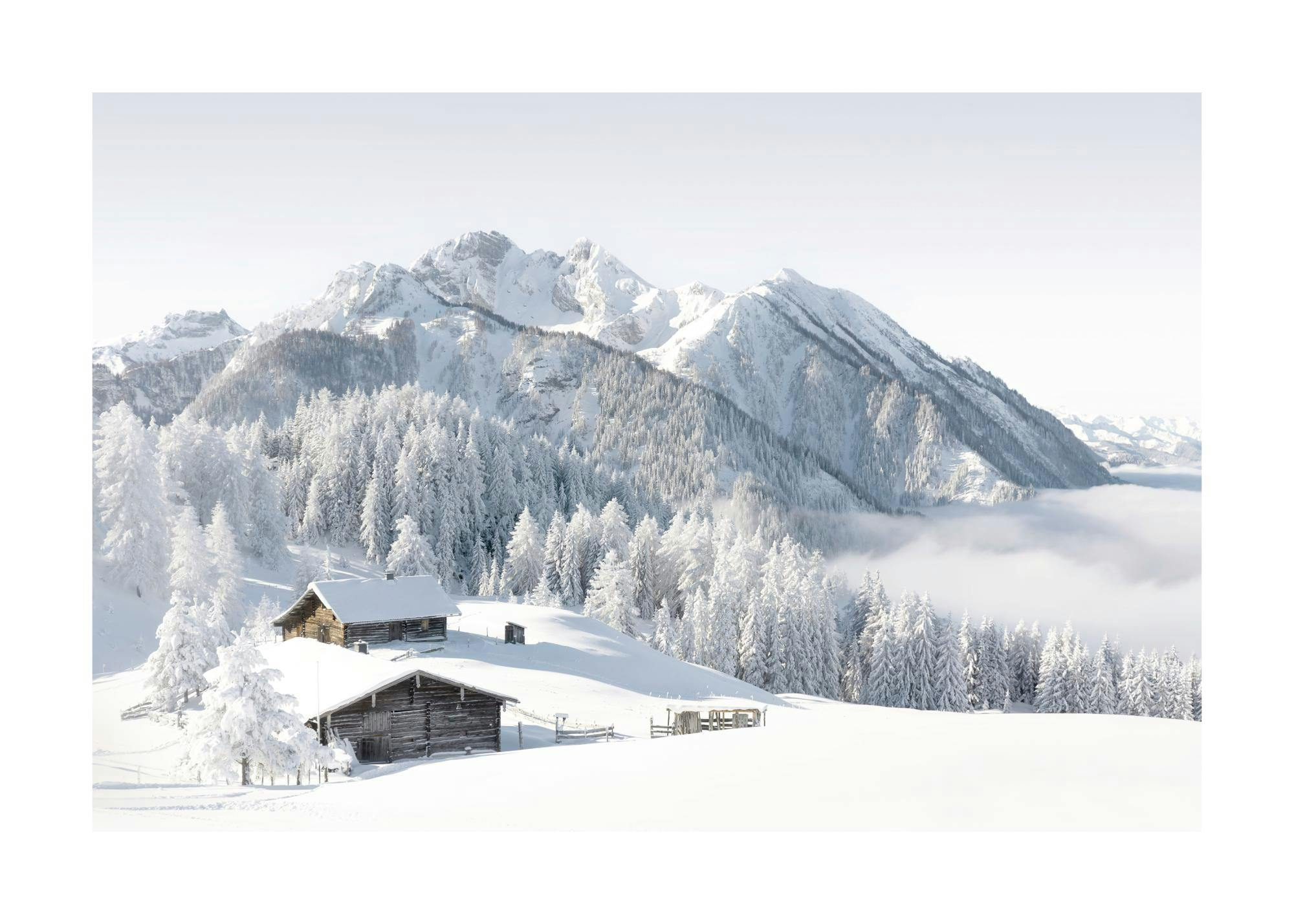 Schneebedeckte Berge mit Holzhütten und verschneiten Bäumen, Winterlandschaft Poster.