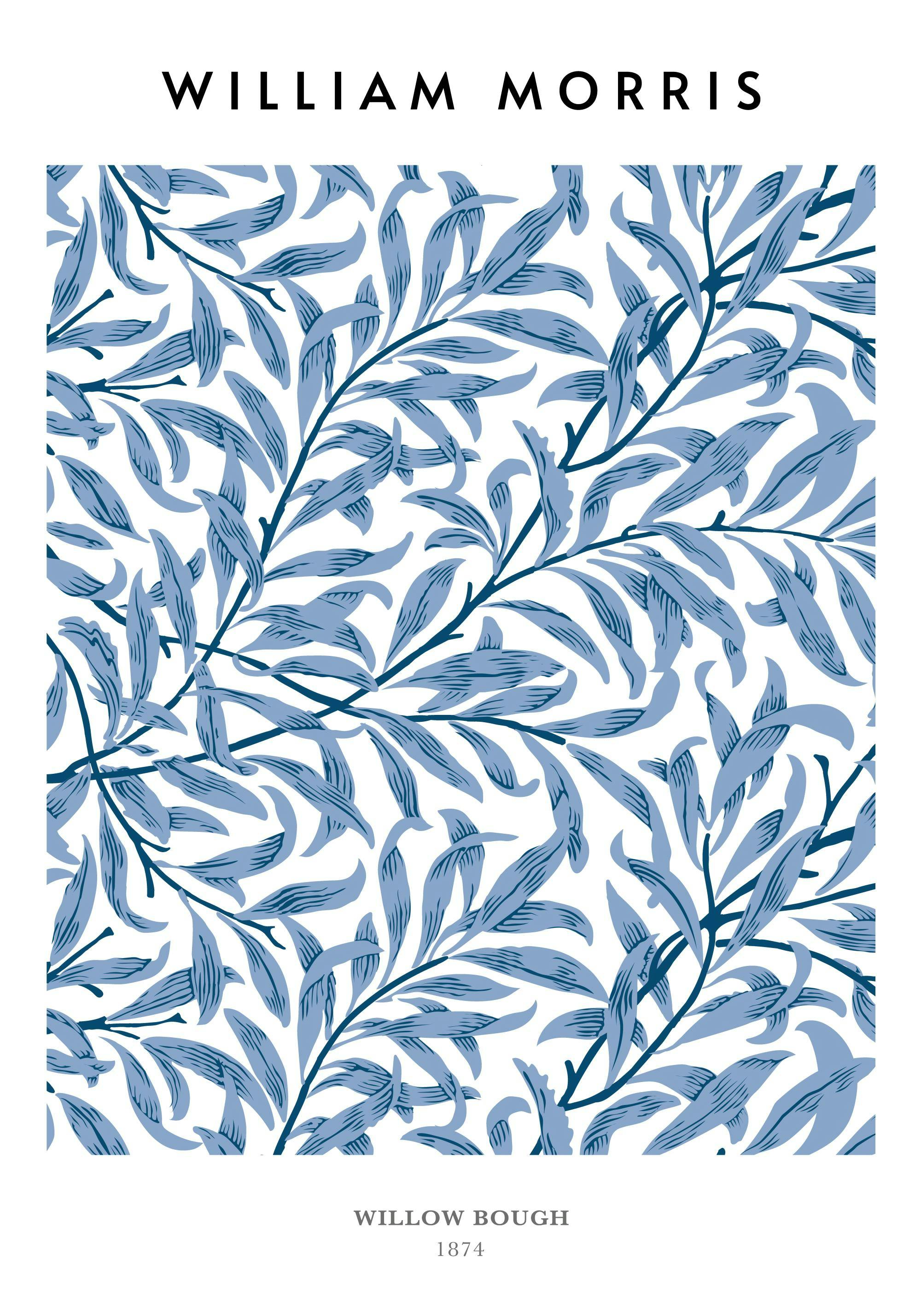 William Morris konstposter, Willow Bough No2. Blåa, klättrande löv på vit bakgrund, naturinspirerad design.